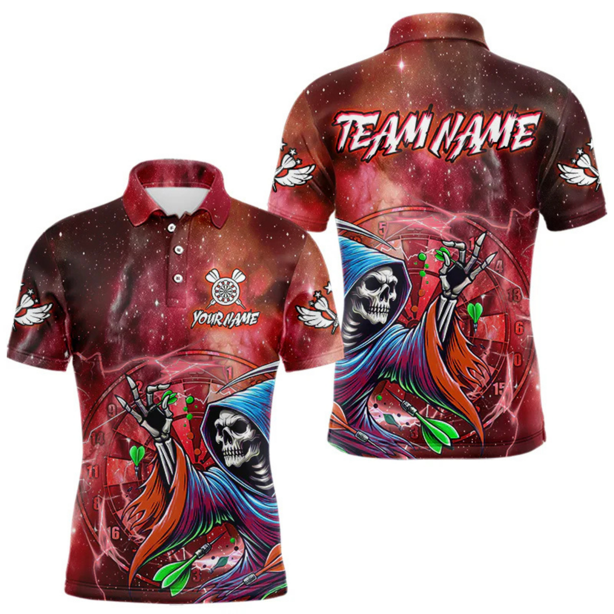 Blisscorners Death Skeleton Red Galaxy Funny Dart Shirts For Men Custom Darts Jerseys Outfit, Darts Gifts LM154
