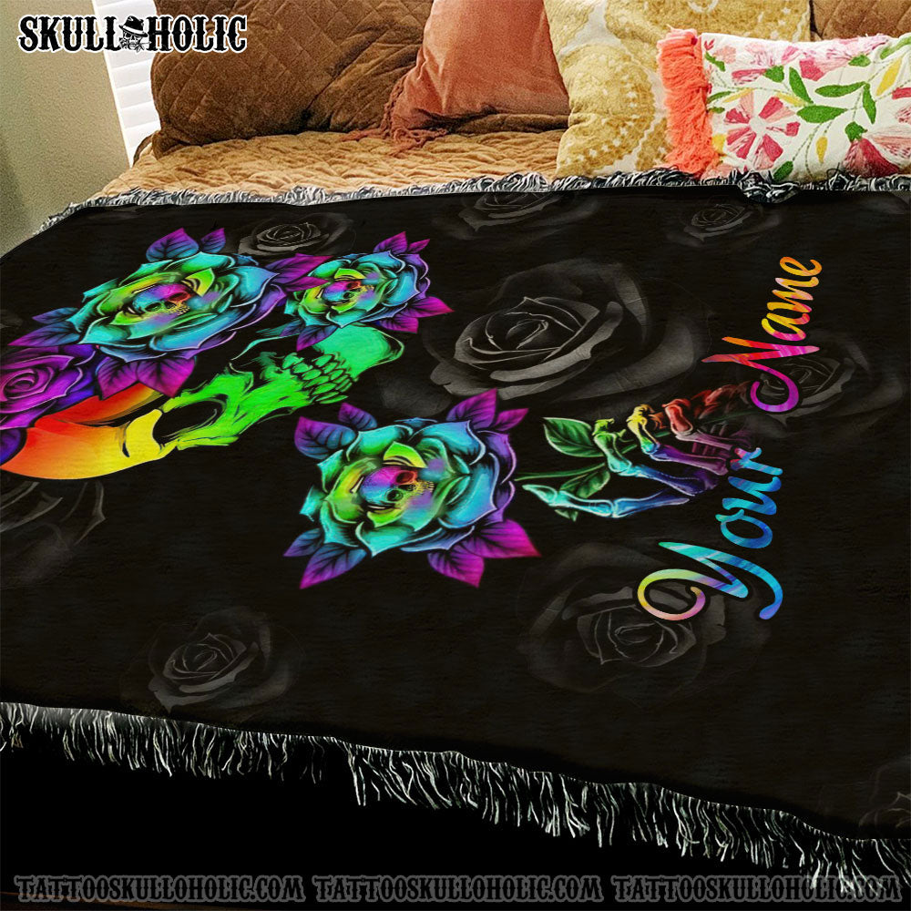 BLISSCORNERS PERSONALIZED COLORFUL SKULL ROSE WOVEN & FLEECE BLANKET