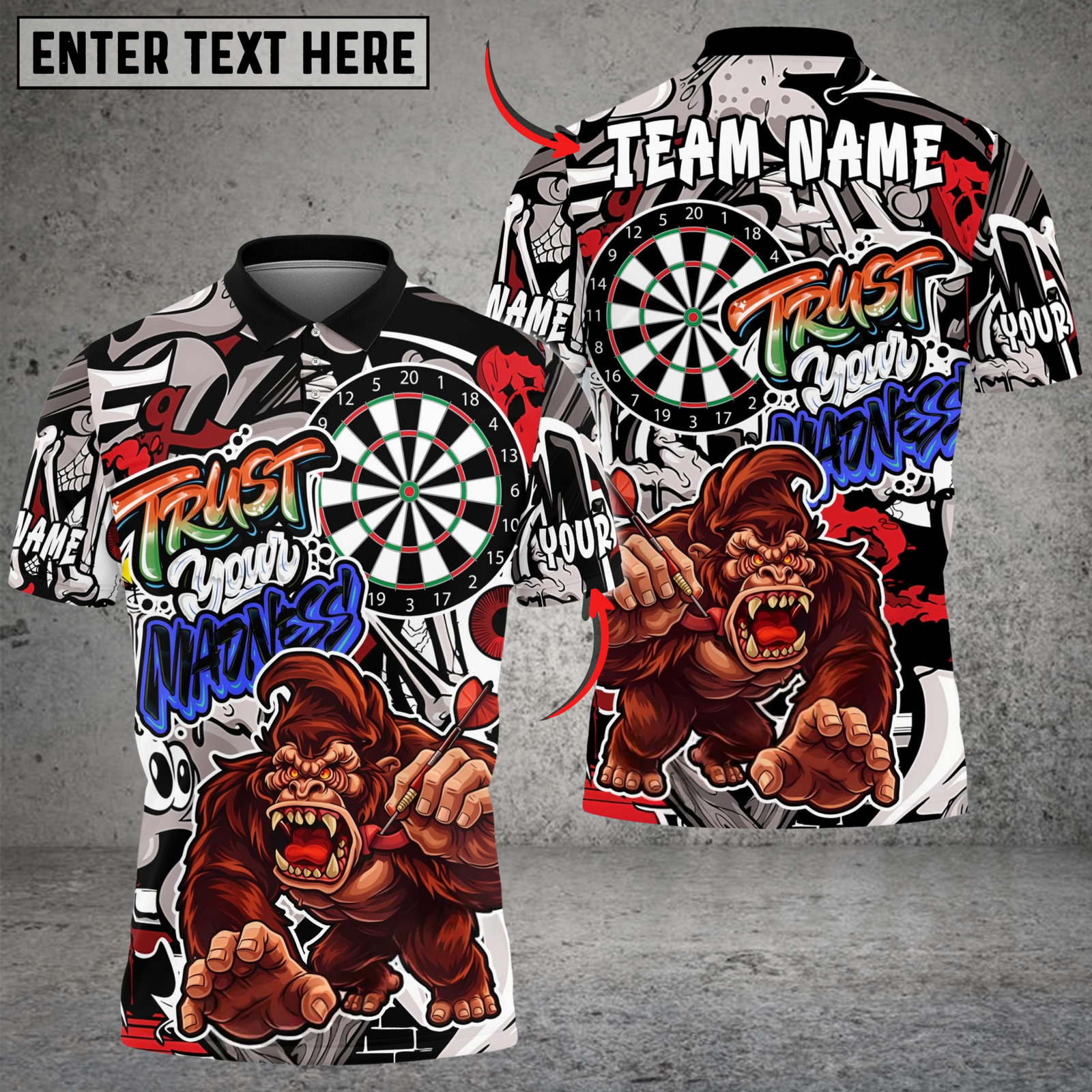 Blisscorners Darts Gorilla Power Action Art Trust Your Madness Multicolor Options Personalized Name Shirt (4 Colors)