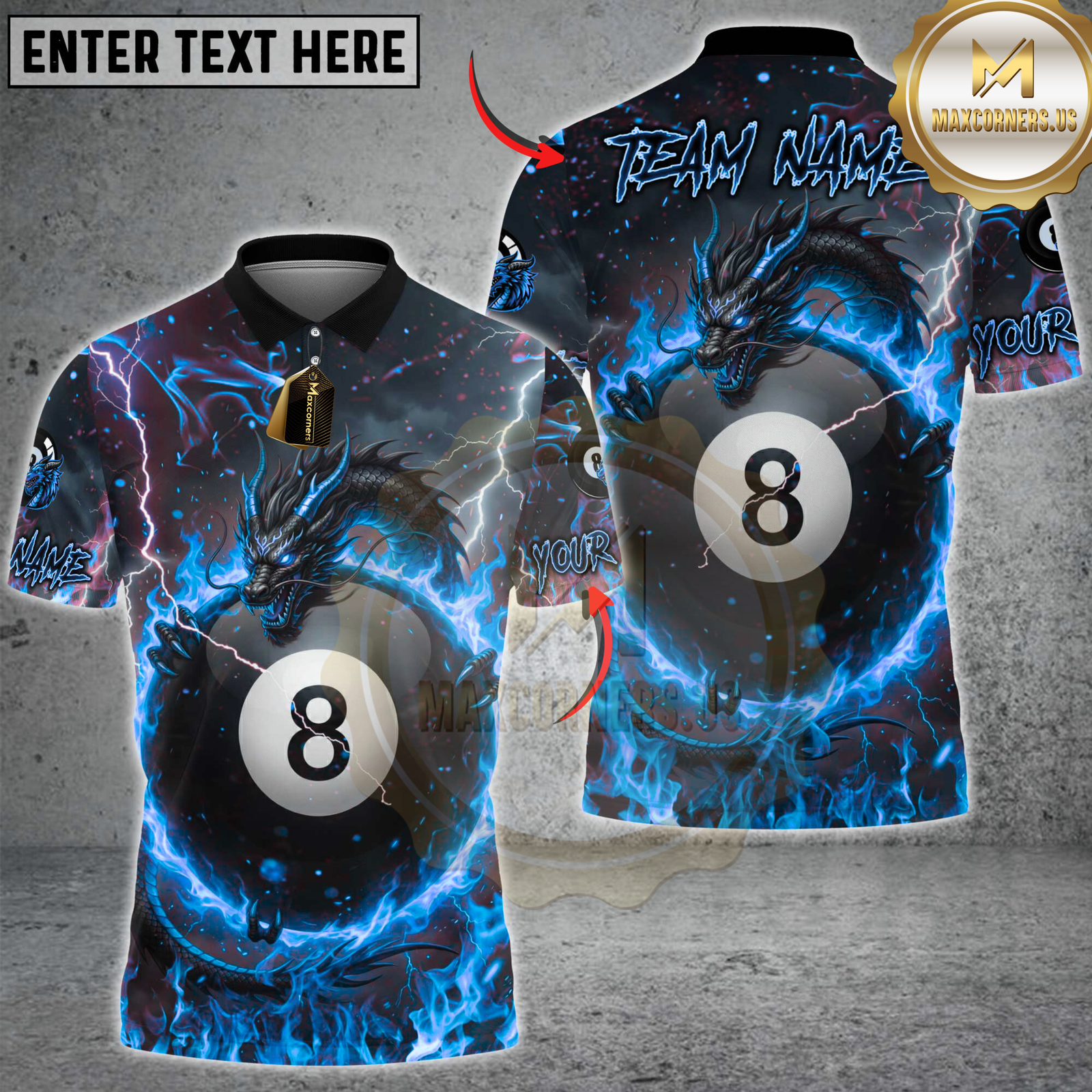 Blisscorners Billiards Flame Dragon & 8-Ball Multicolor Customized Name, Team Name 3D Shirt