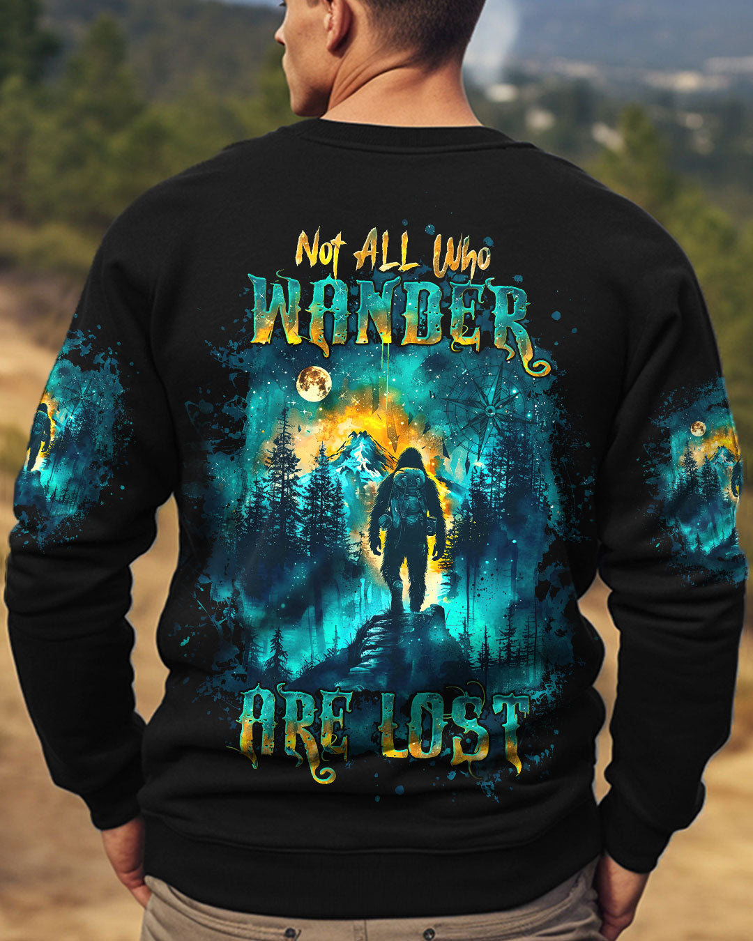 BLISSCORNERS NOT ALL WHO WANDER ARE LOST BIGFOOT COMPASS ALL OVER PRINT