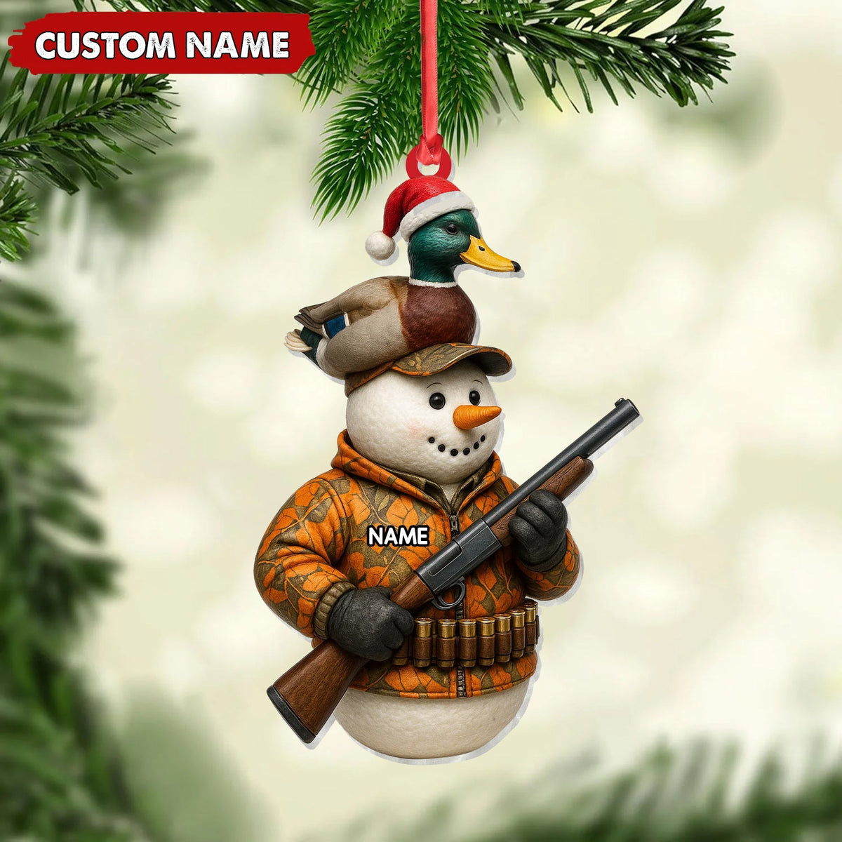 Blisscorners Personalized Duck Hunter Snowman Ornament, Custom Name Christmas Decoration for Hunters LM0411