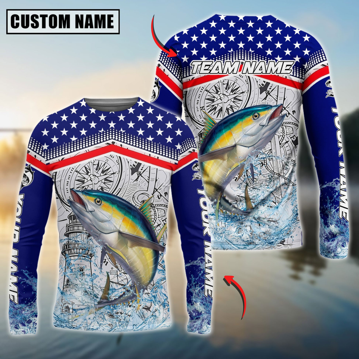 Blisscorners Tuna Fishing American Anchor Compass Lighthouse Graphic Custom Name & Team Name 3D Shirts