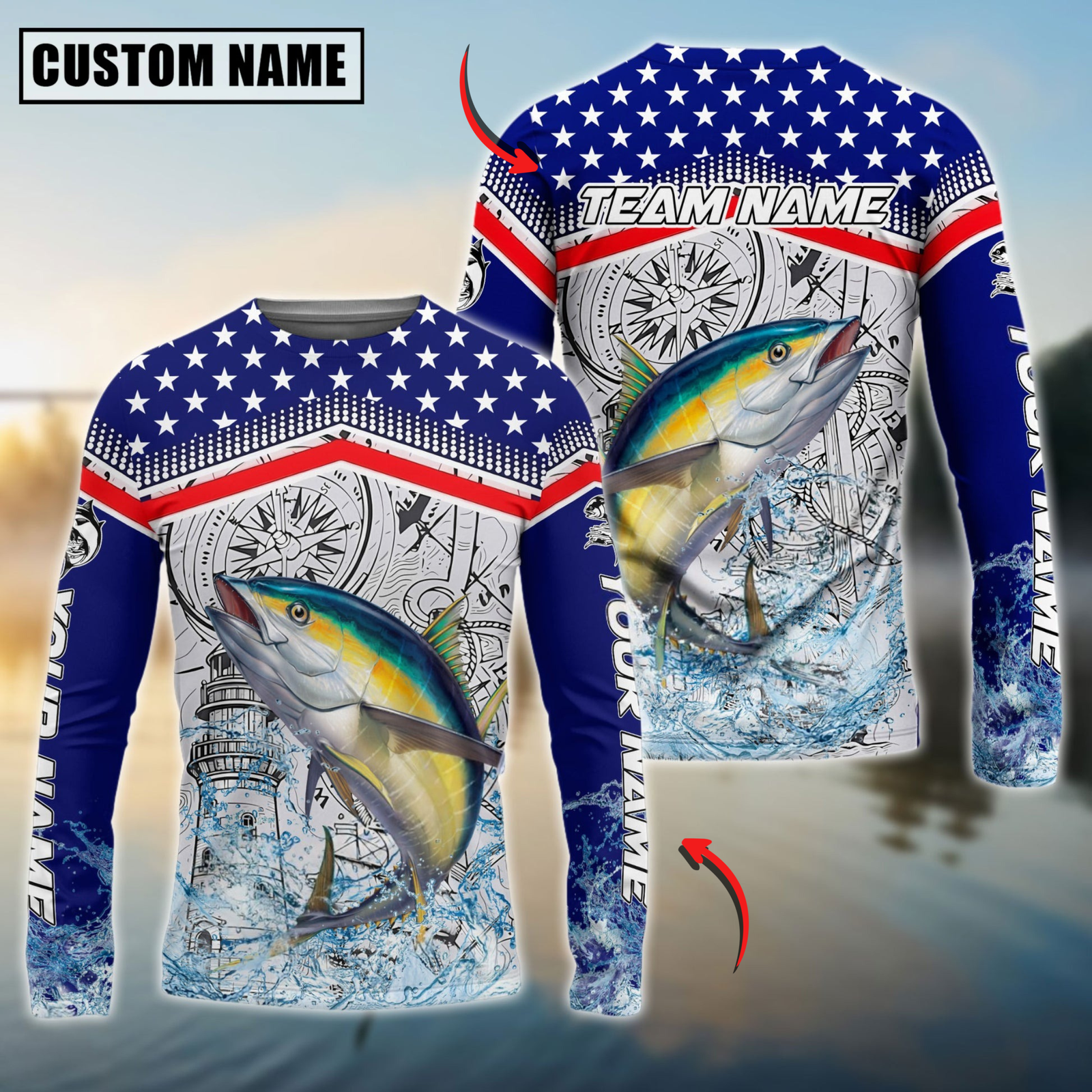 Blisscorners Tuna Fishing American Anchor Compass Lighthouse Graphic Custom Name & Team Name 3D Shirts