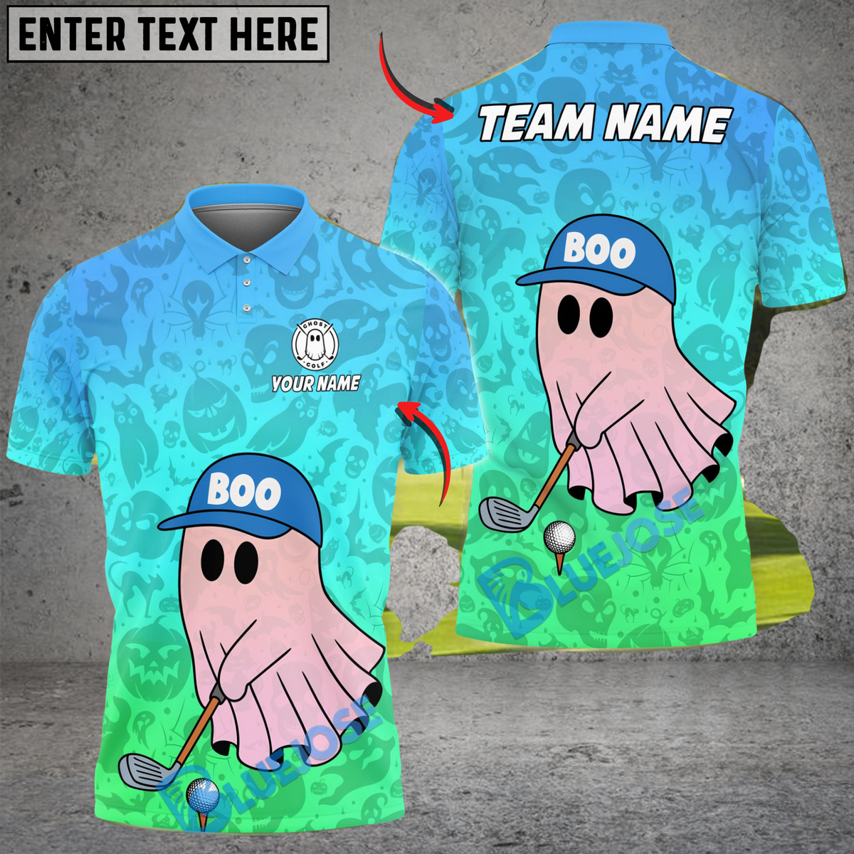 Blisscorners Boo Ghost Funny Golf Polo Shirt, Customized Name & Team Name 3D Shirts (4 Colors)