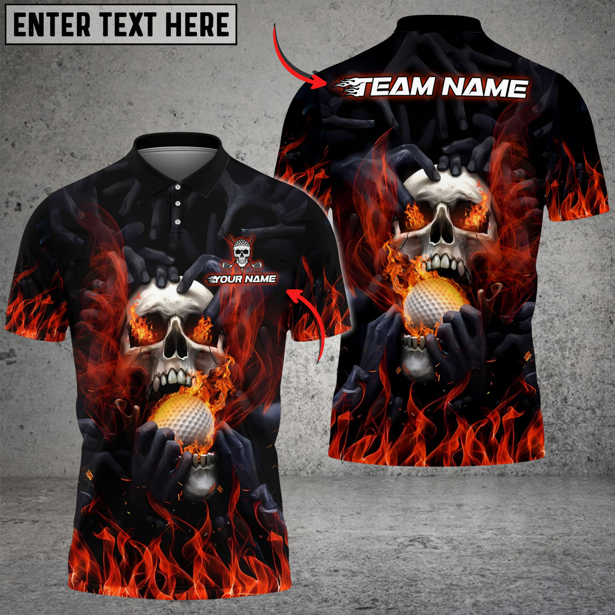 Blisscorners Flaming Skull Golf Polo Shirt, Customized Name & Team Name 3D Shirts (4 Colors)
