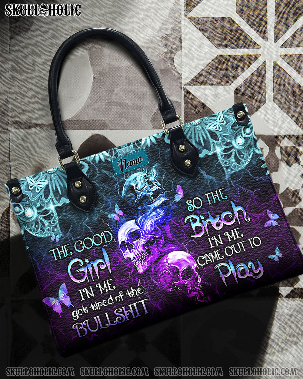 BLISSCORNERS THE GOOD GIRL IN ME GOT TIRED SKULL ROSE LEATHER HANDBAG