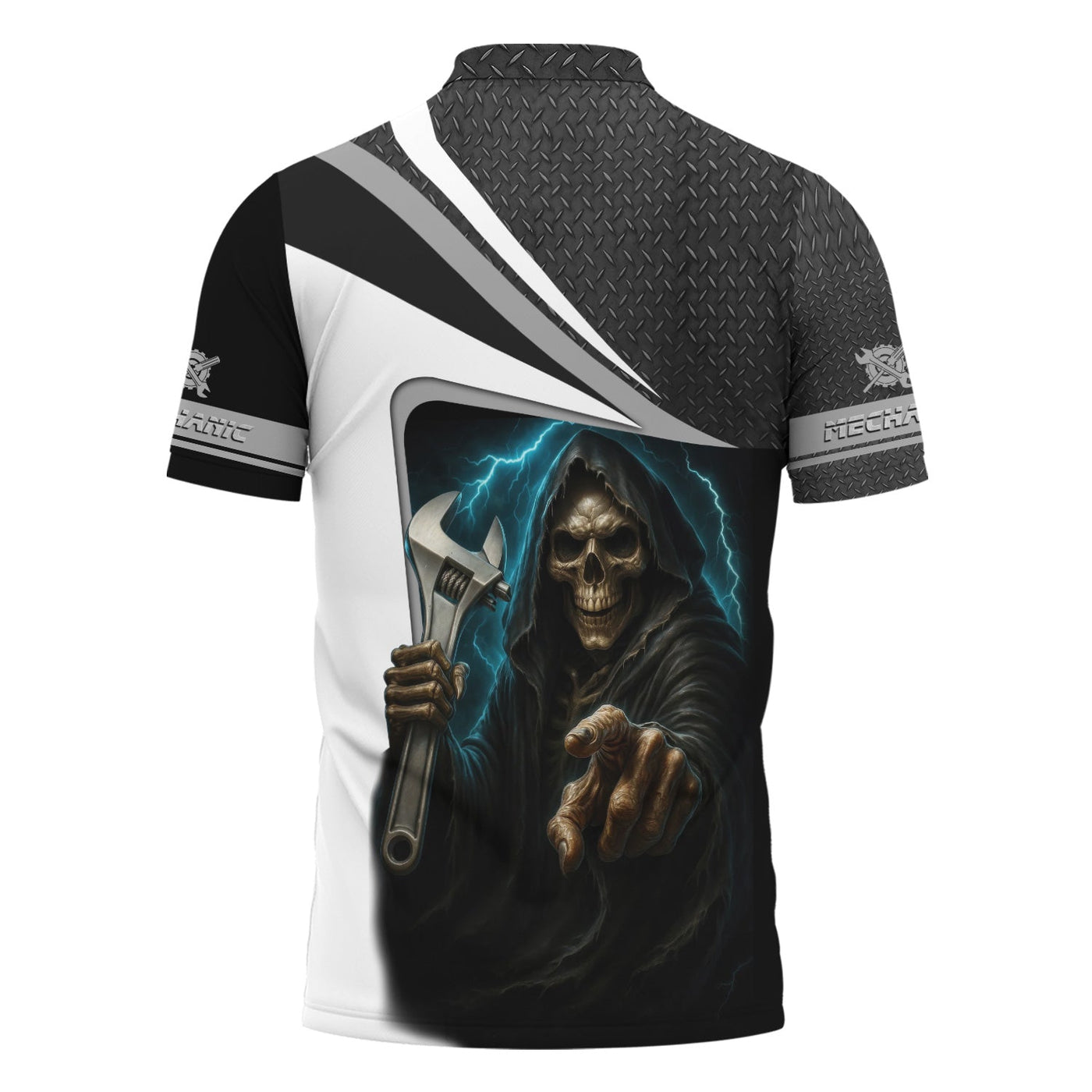 Blisscorners Custom Name Mechanic Shirt Grim Reaper Holding Wrench with Thunder Design T Shirt