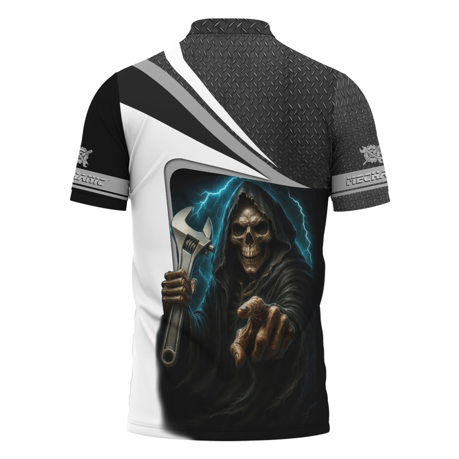 Blisscorners Custom Name Mechanic Shirt Grim Reaper Holding Wrench with Thunder Design T Shirt