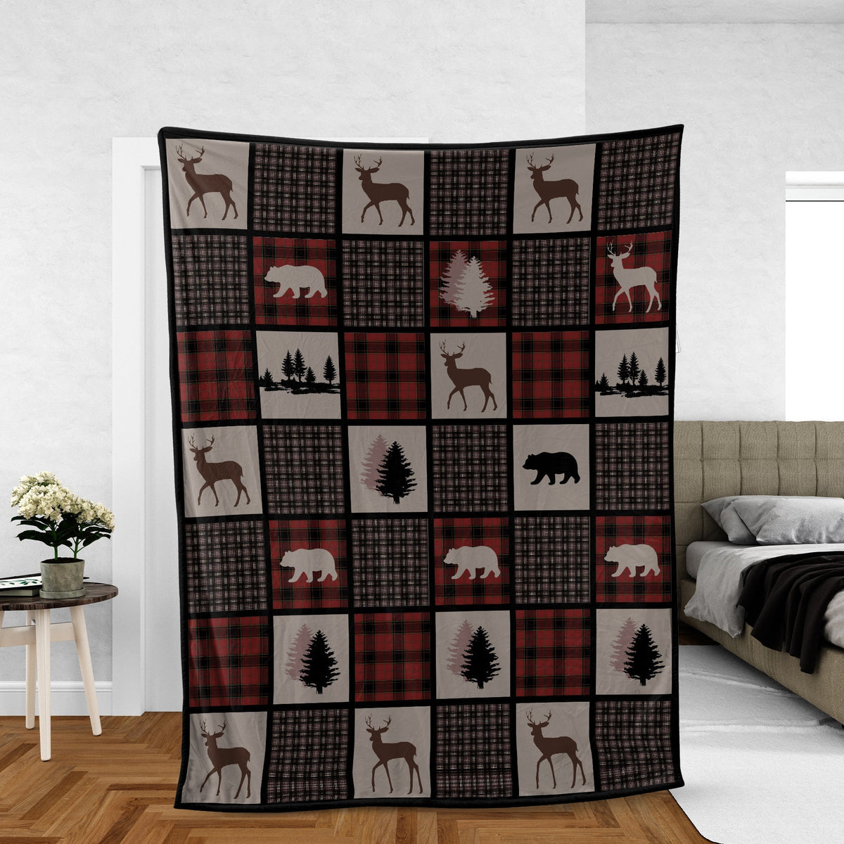 Blisscorners Rustic Hunting Cabin Fleece Blanket - Deer, Bear & Pine Tree - Cozy Gift for Hunters & Nature Lovers LM1611