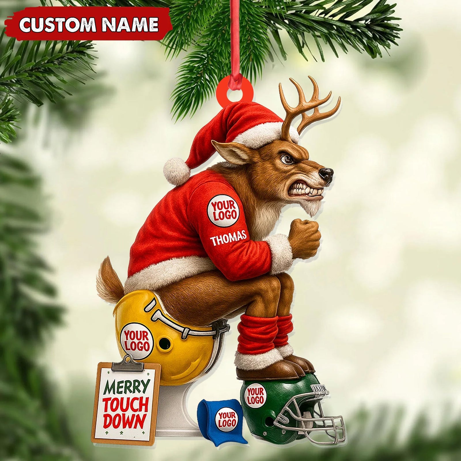Blisscorners Personalized Football Christmas Ornament, Custom Reindeer Santa Touchdown Decoration, Funny Custom Name Team Logo Gift MT2411