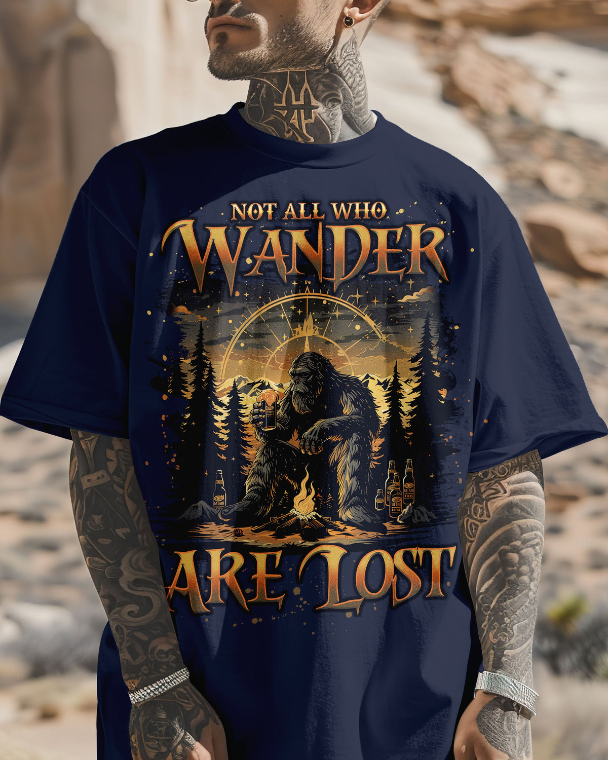 BLISSCORNERS NOT ALL WHO WANDER ARE LOST BIGFOOT COMPASS  COTTON SHIRT