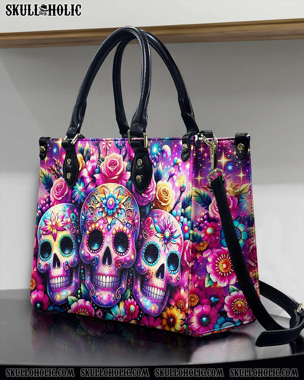 BLISSCORNERS THREE SUGAR SKULLS LEATHER HANDBAG