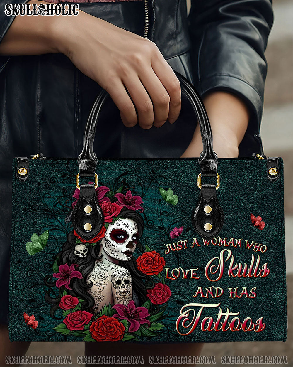 BLISSCORNERS JUST A WOMAN WHO LOVES SKULL AND HAS TATTOOS LEATHER HANDBAG