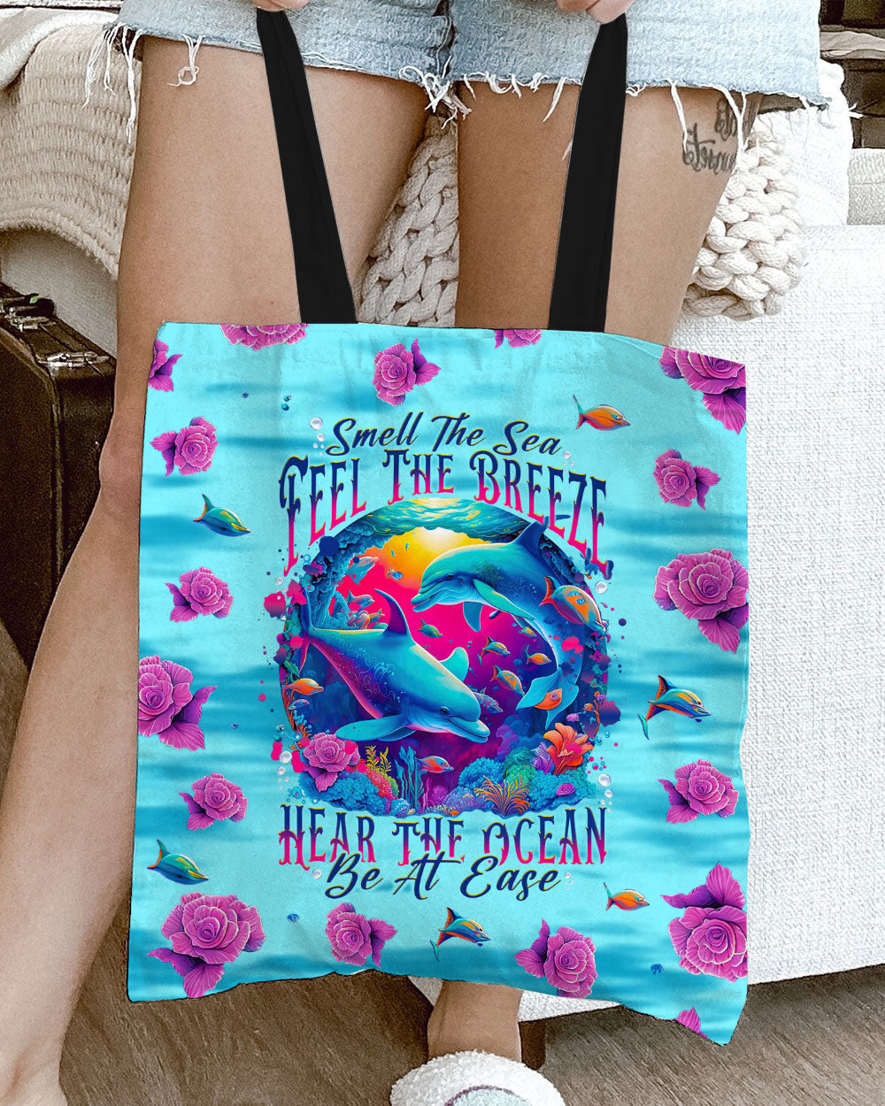 BLISSCORNERS SMELL THE SEA FEEL THE BREEZE DOLPHIN TOTE BAG