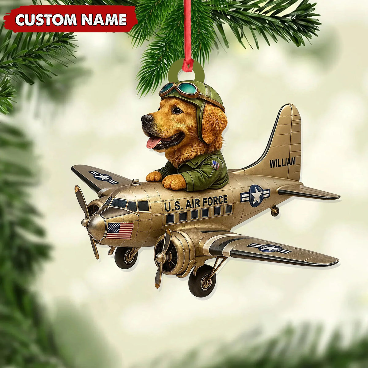 Blisscorners Personalized Dog Pilot Christmas Ornament And Keychain, Custom Name U.S. Air Force Airplane, Military Dog Lover Tree Decor Gift