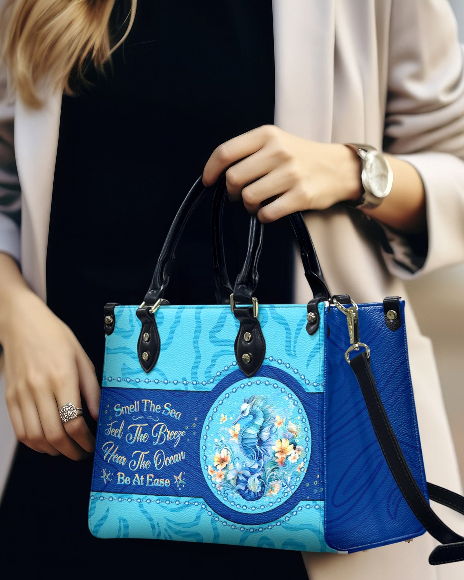 BLISSCORNERS SMELL THE SEA FEEL THE BREEZE SEAHORSE LEATHER HANDBAG