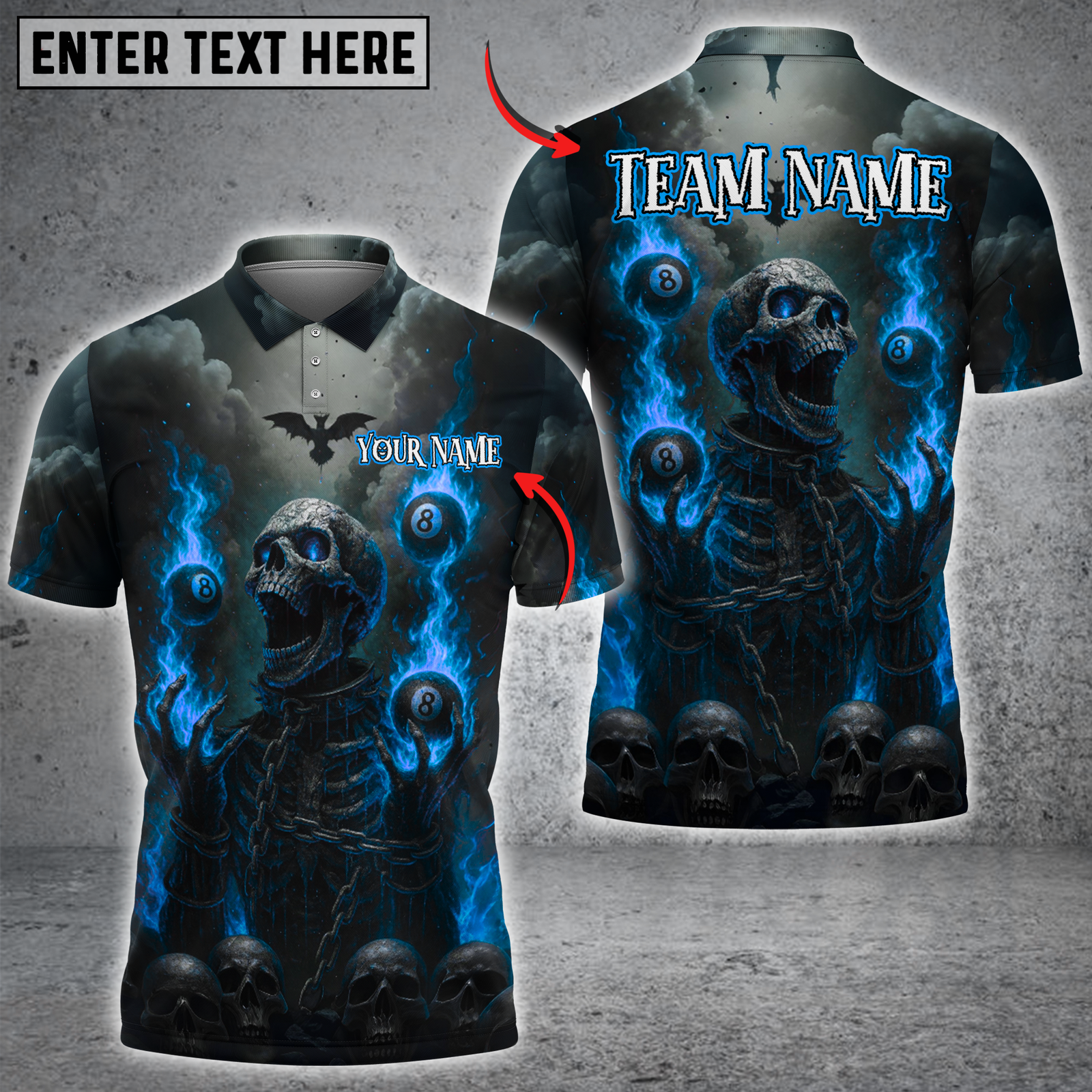 Blisscorners Billiards Fiery Skeleton with 8-Balls Multicolor Customized Name, Team Name 3D Shirt
