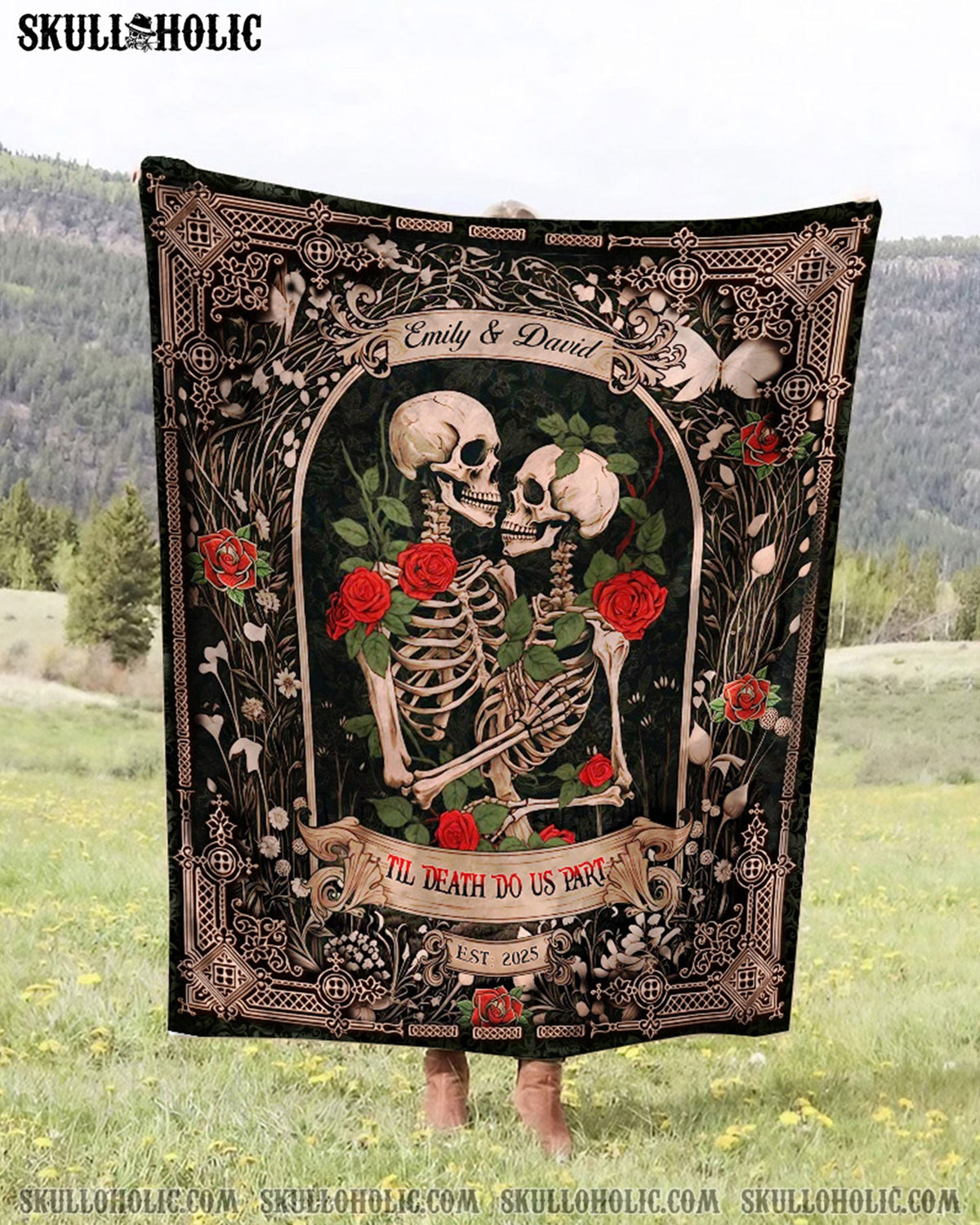 BLISSCORNERS PERSONALIZED DARK ROMANTIC SKELETON COUPLE FLEECE BLANKET