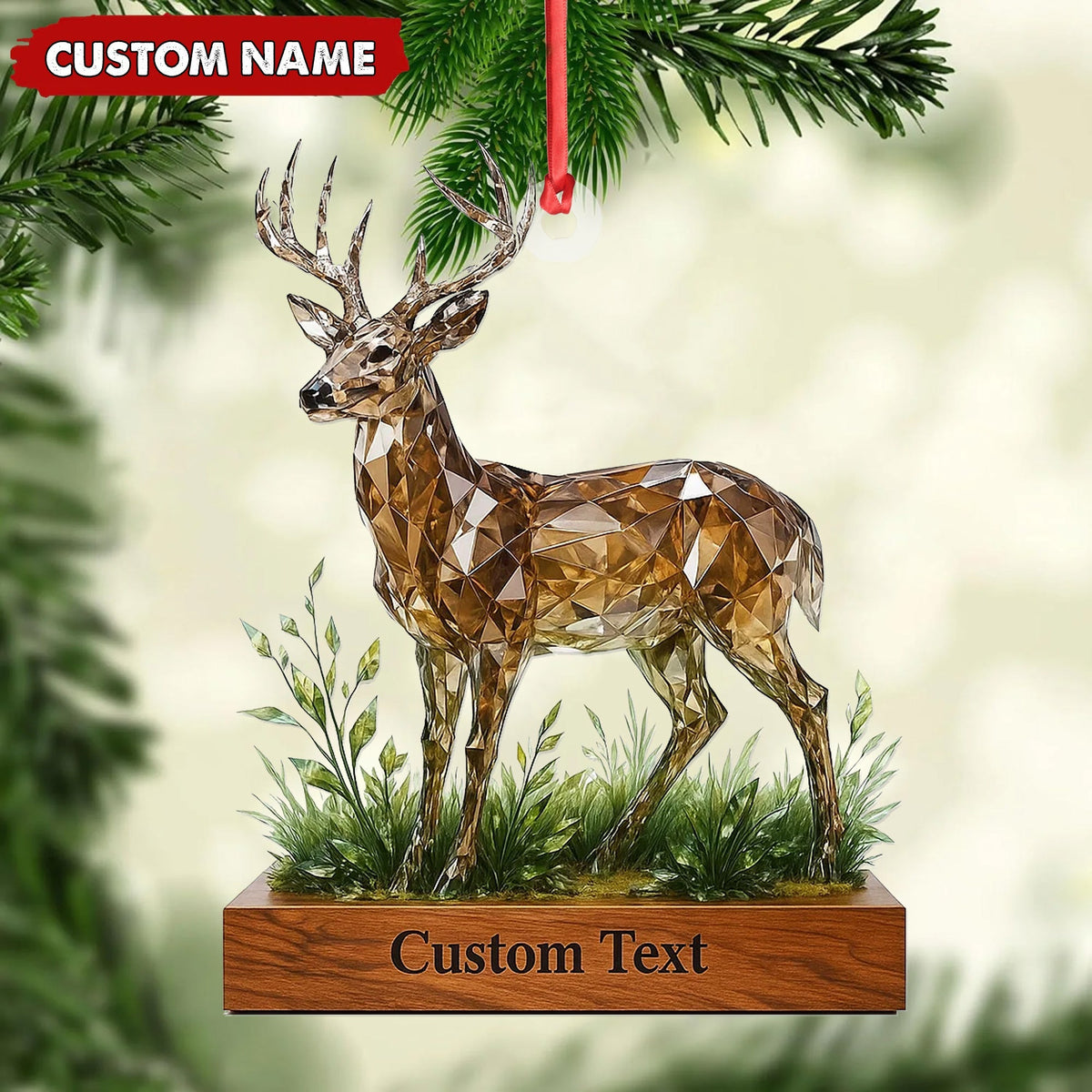 Blisscorners Personalized Geometric Deer Christmas Ornament, Custom Name Buck Hunter Gift, Crystal Style Woodland Holiday Decor