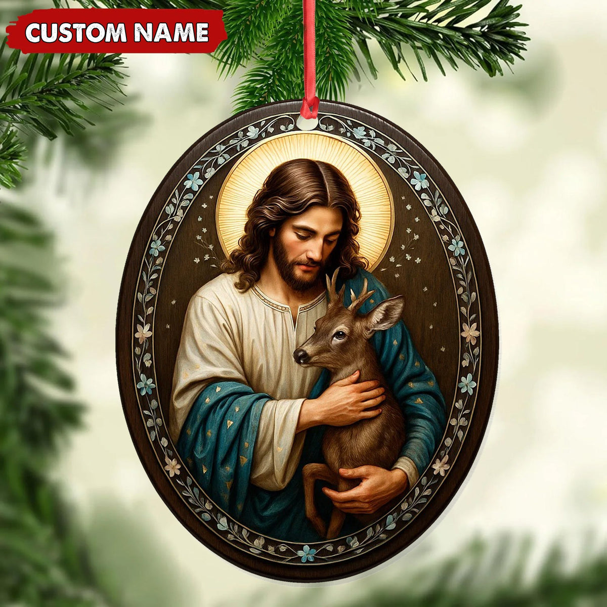 Blisscorners Custom Jesus Holding Deer Christmas Ornament, Personalized Name Christian Tree Decoration, Religious Woodland Gift for Faith Family MT2411