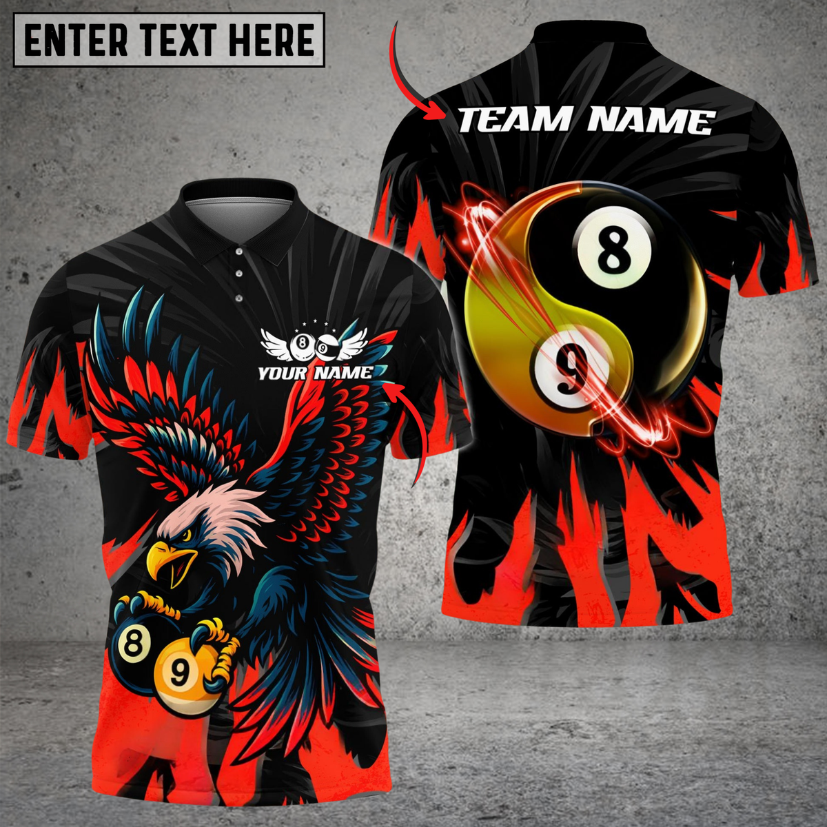 Blisscorners Billiard Ball 8&amp;9 Yinyang Eagle Flame Personalized Name Shirt (4 Colors)
