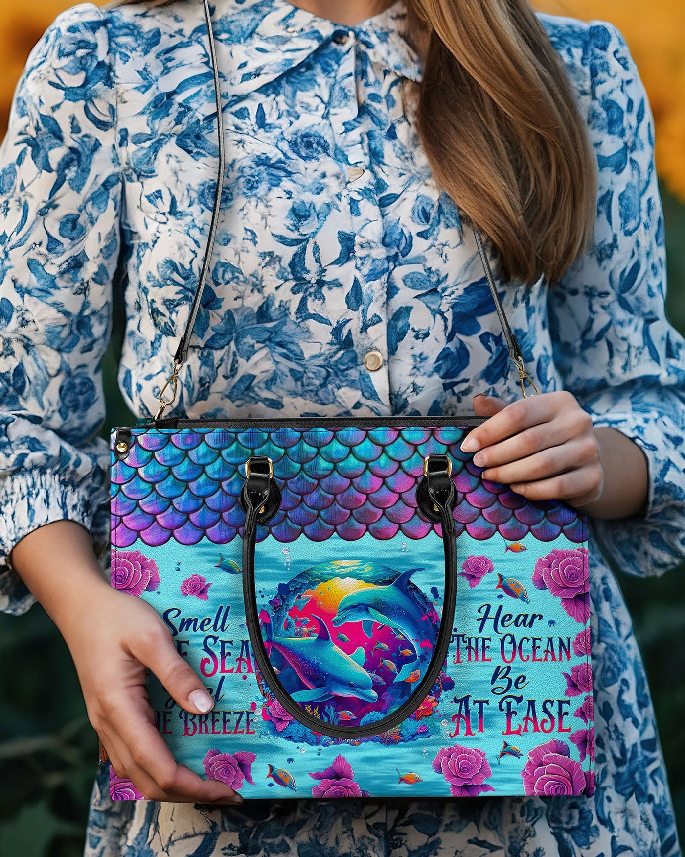 BLISSCORNERS SMELL THE SEA FEEL THE BREEZE DOLPHIN LEATHER HANDBAG