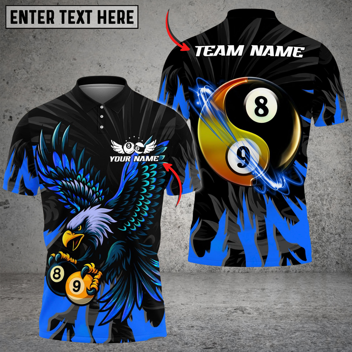 Blisscorners Billiard Ball 8&9 Yinyang Eagle Flame Personalized Name Shirt (4 Colors)