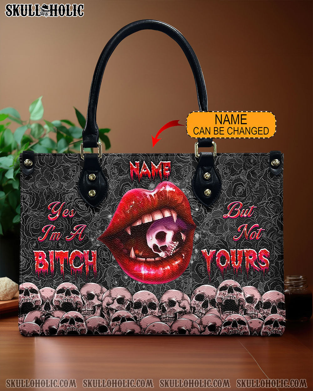 BLISSCORNERS YES I'M A B BUT NOT YOURS SKULL LIPS LEATHER HANDBAG