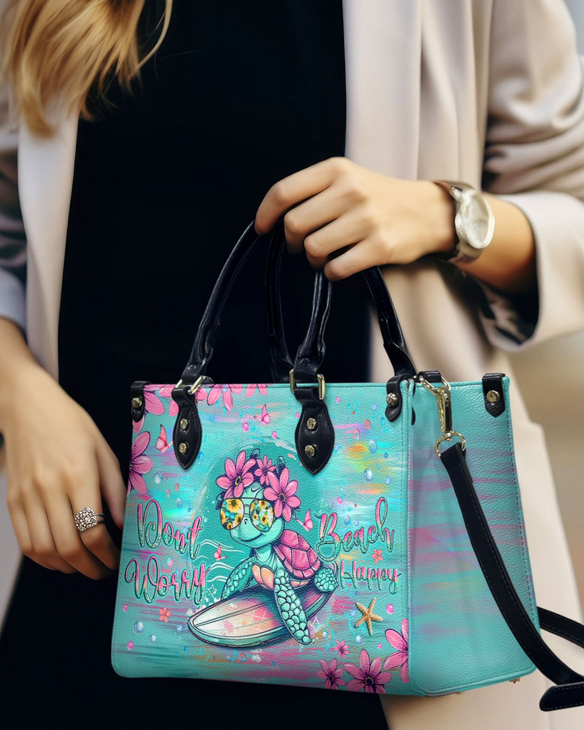 BLISSCORNERS DON'T WORRY BEACH HAPPY LEATHER HANDBAG