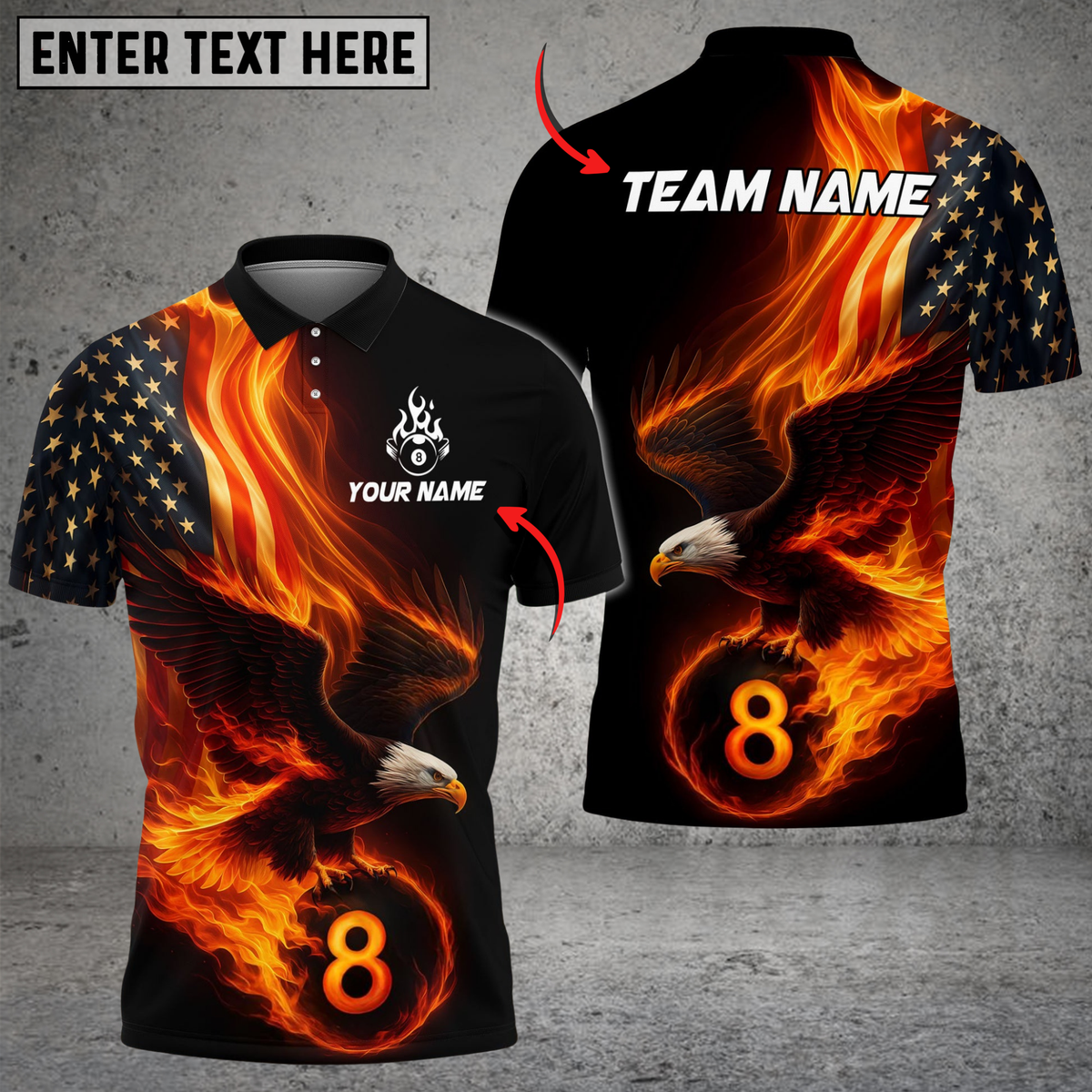Blisscorners Billiard Ball 8 Eagle Flag Flame Personalized Name Shirt (4 Colors)