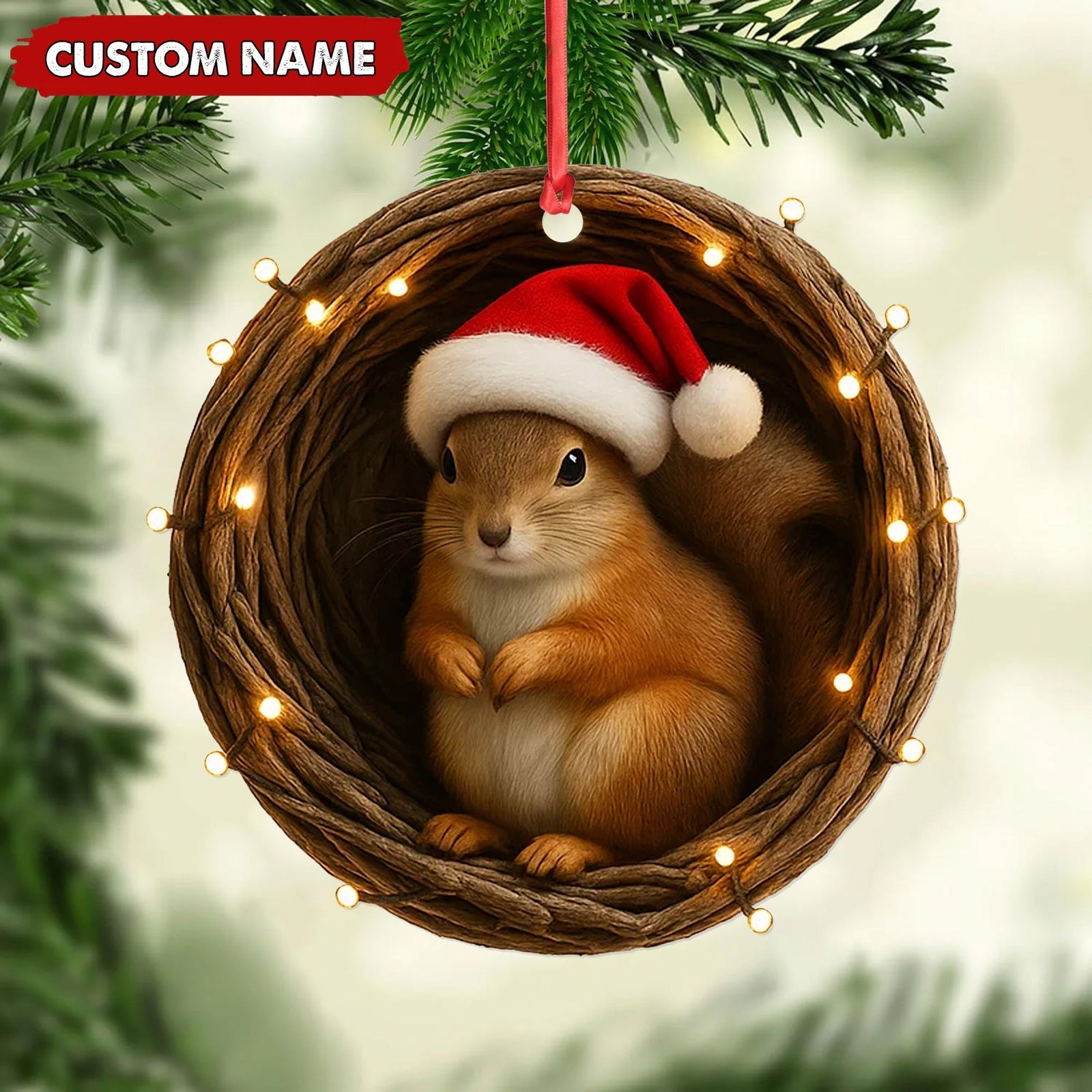 Blisscorners Personalized Squirrel Christmas Ornament, Custom Name Woodland Nest Santa Hat Decoration, Cute Holiday Tree Hanging Gift for Animal Lovers MT2411