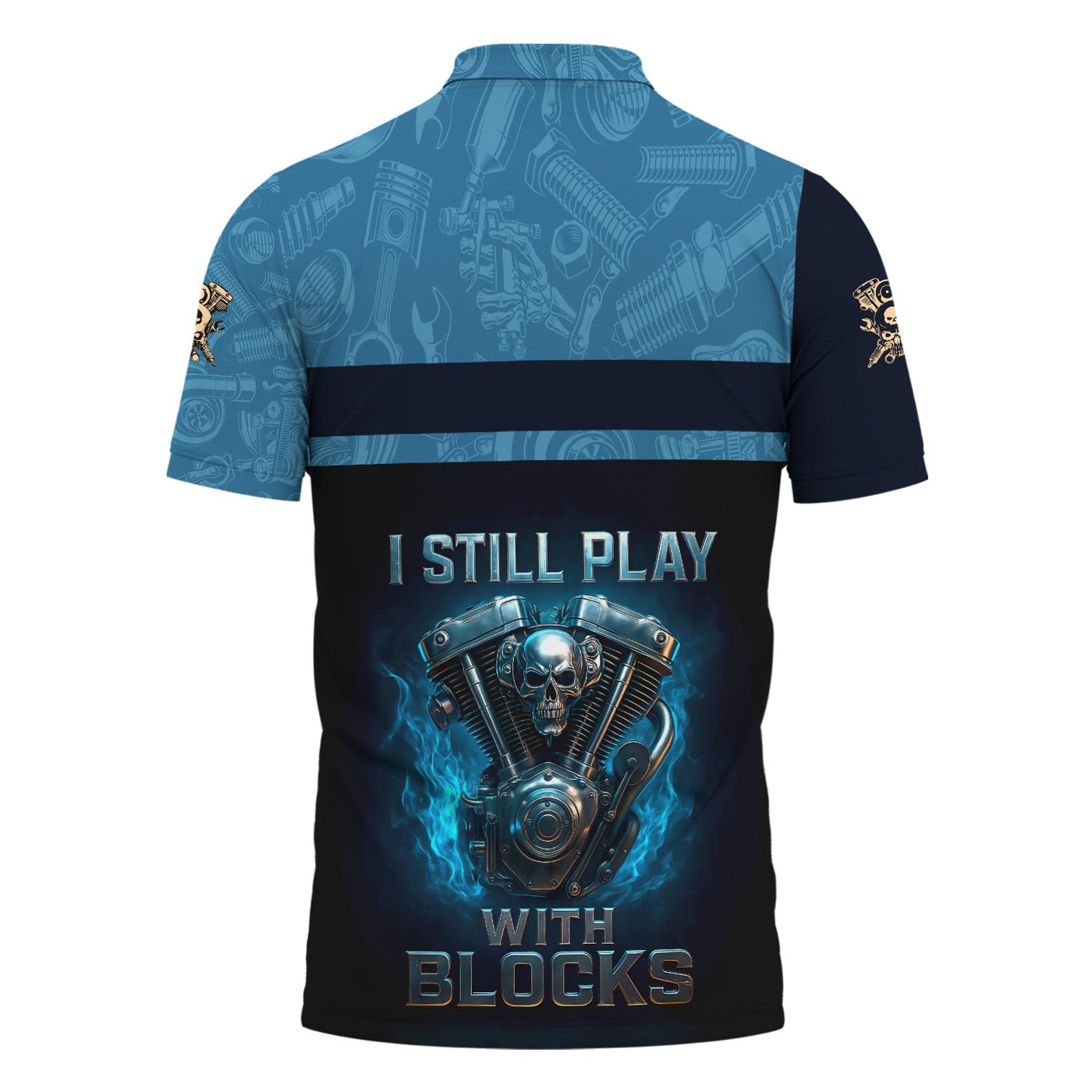 Blisscorners Personalized T-Shirt I Still Play With Blocks Flame Engine Skull Design Shirt for Mechanics