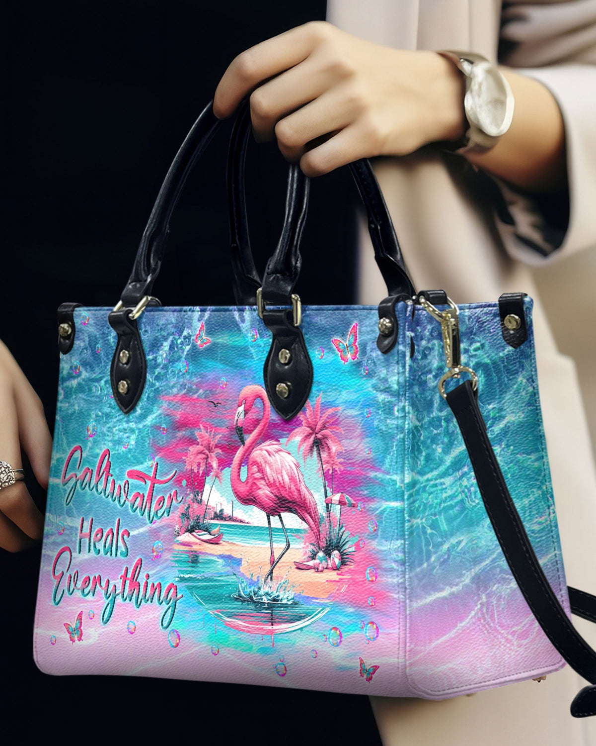 BLISSCORNERS SALTWATER HEALS EVERYTHING FLAMINGO LEATHER HANDBAG