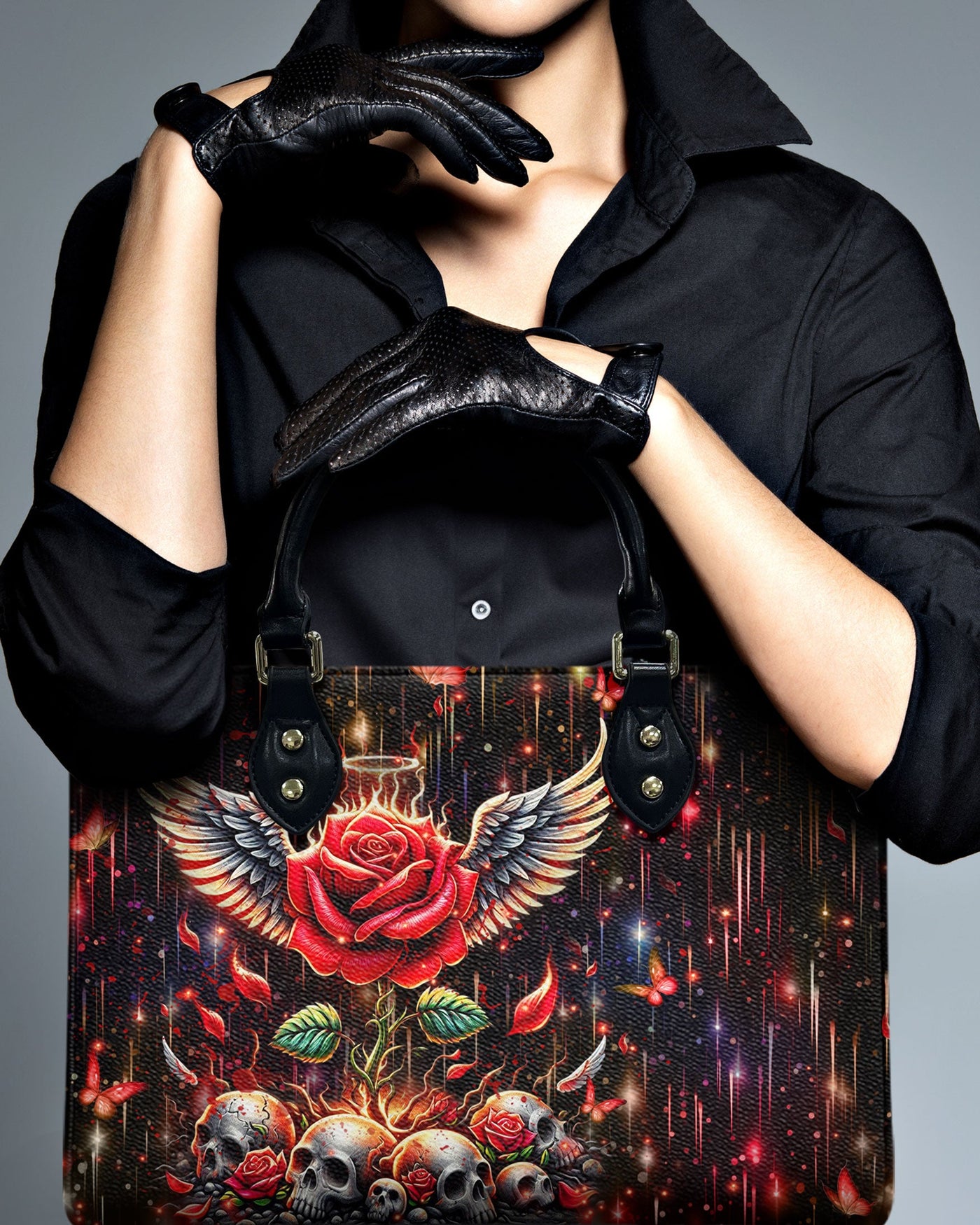 BLISSCORNERS SKULL ROSE WINGS LEATHER HANDBAG