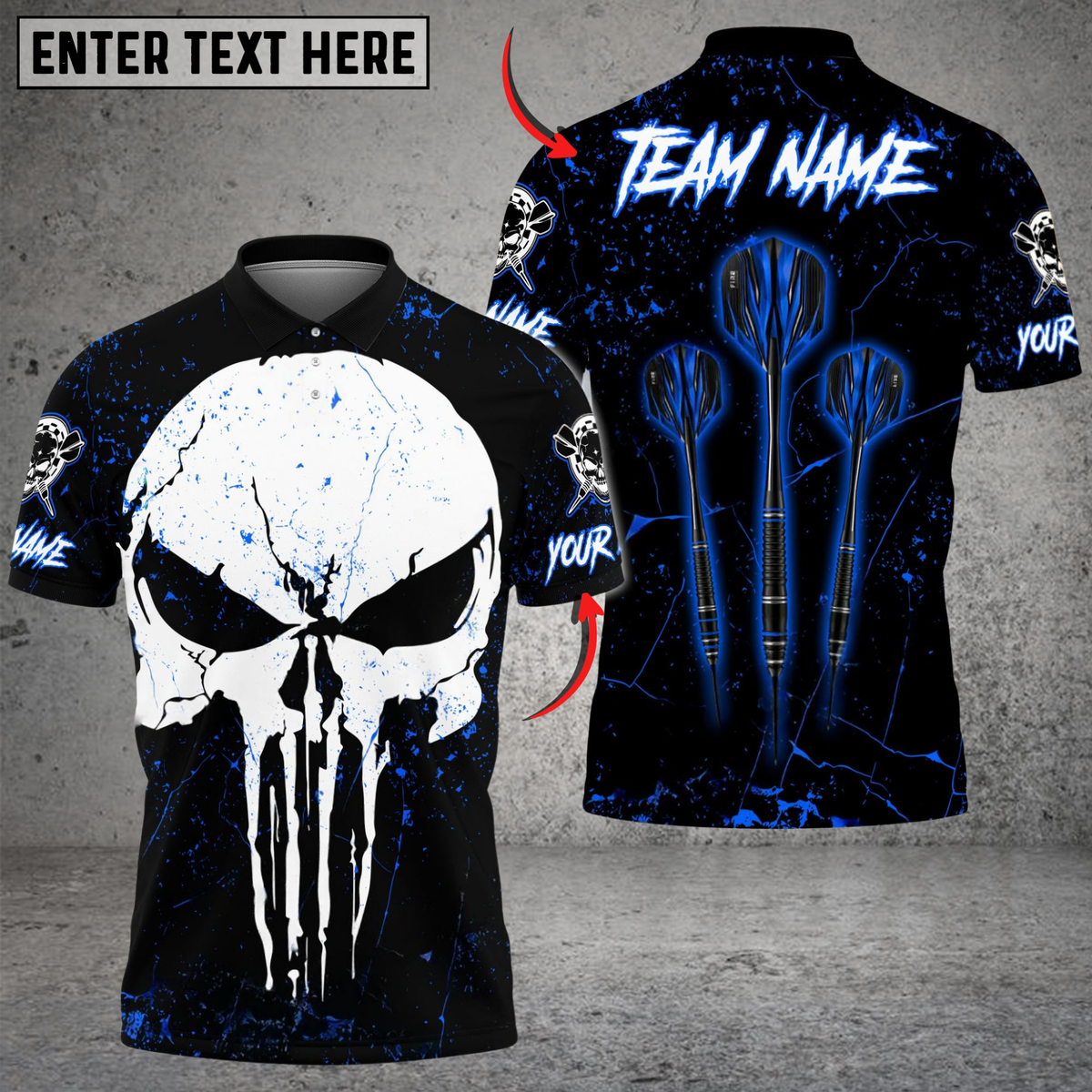 Blisscorners Darts Triple Arrow Punisher Skull Personalized Name, Team Name Shirt (4 Colors)