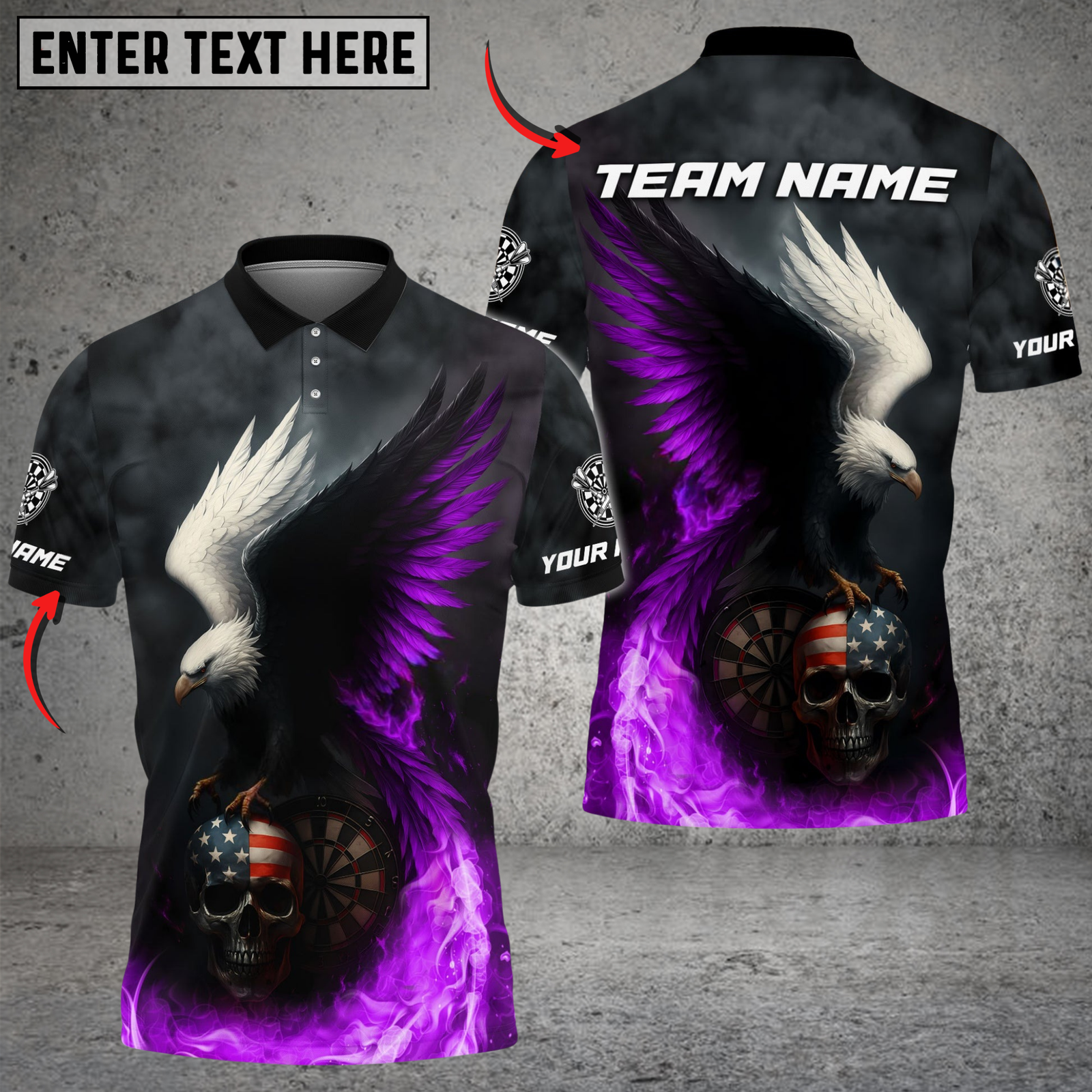 Blisscorners Darts Fire Eagle American Flag Skull Customized Name, Team Name 3D Shirt (4 Colors)