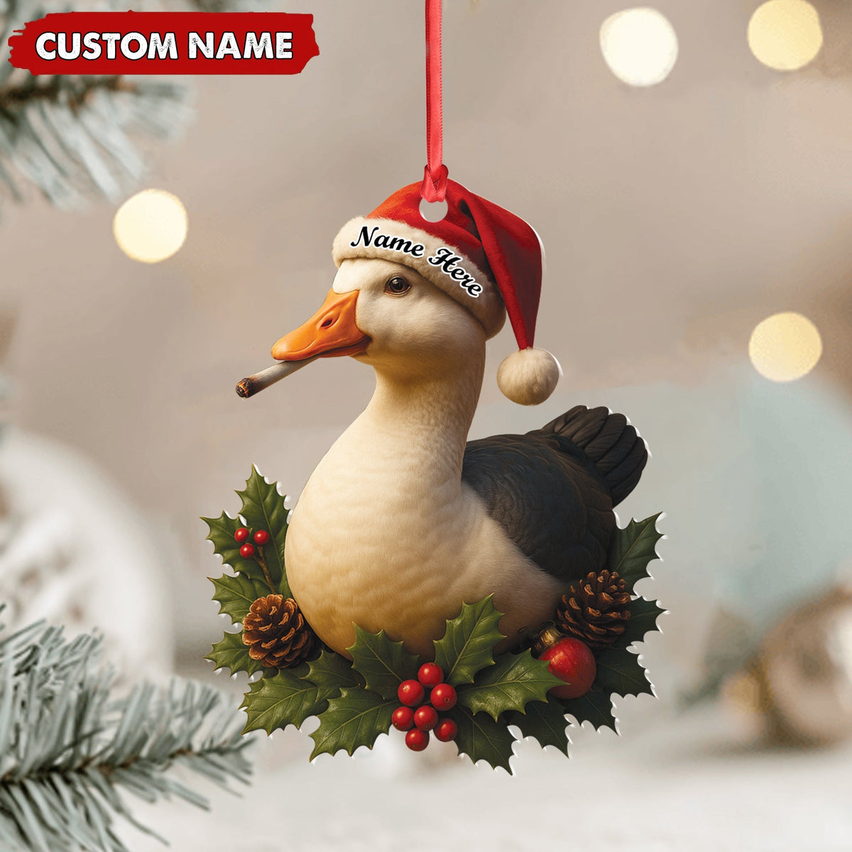 Blisscorners Personalized Funny Duck Smoking Acrylic Christmas Ornament - Custom Name Holiday Gift for Hunters & Outdoor Lovers LM0411