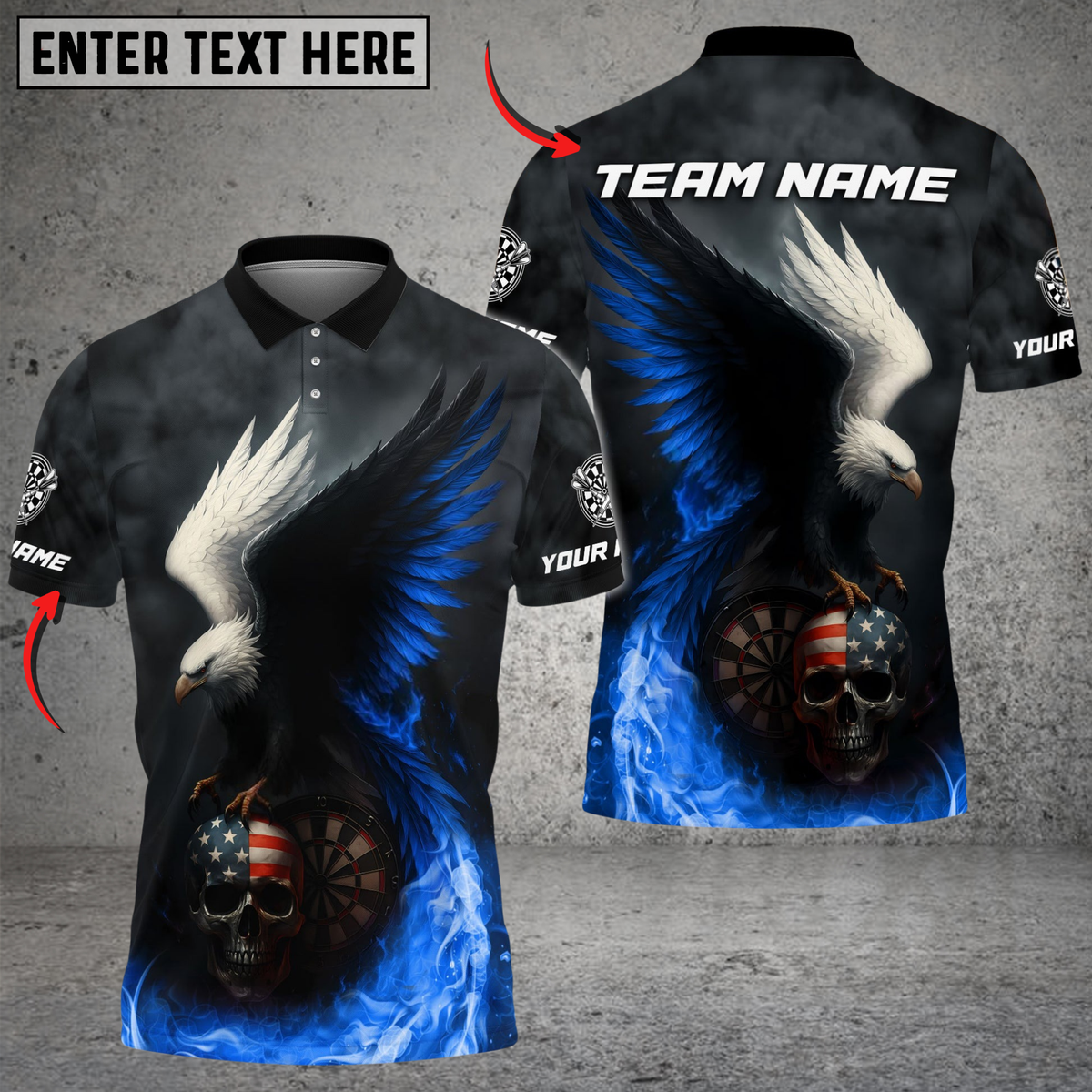 Blisscorners Darts Fire Eagle American Flag Skull Customized Name, Team Name 3D Shirt (4 Colors)