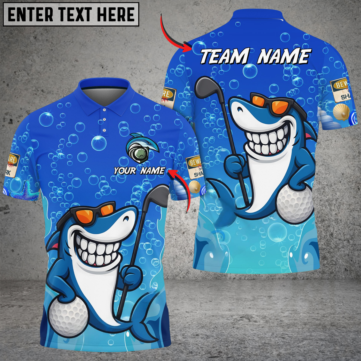 Blisscorners Funny Golf Shark Polo Shirt, Custom Name &amp; Team Name Golf 3D Shirts