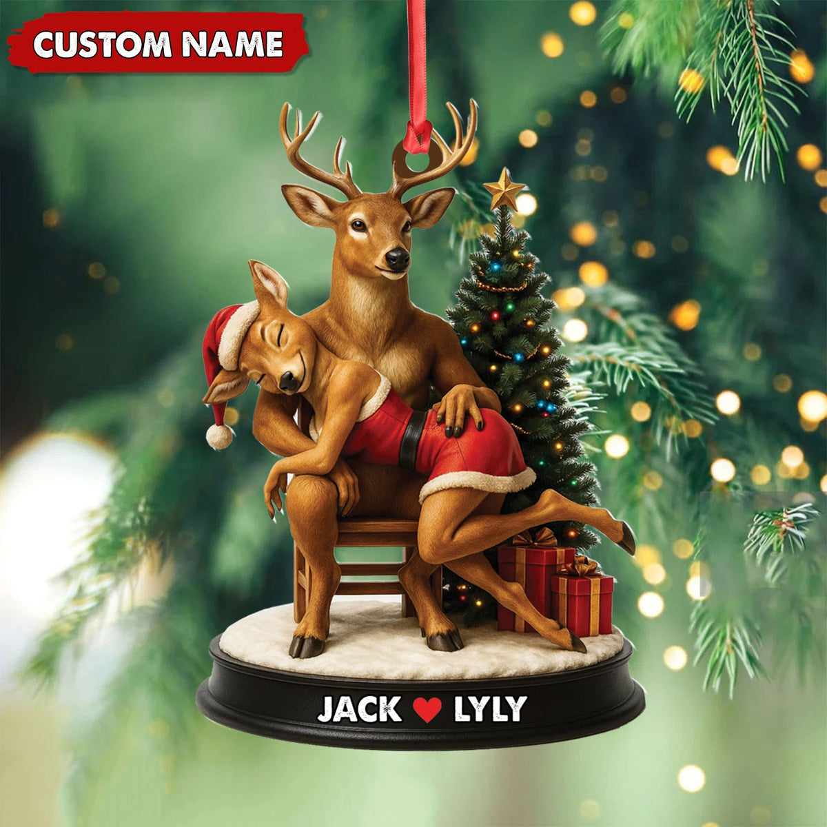 Blisscorners Personalized Acrylic Deer Couple Christmas Ornament - Romantic Holiday Decor for Couples & Wildlife Lovers LM0110