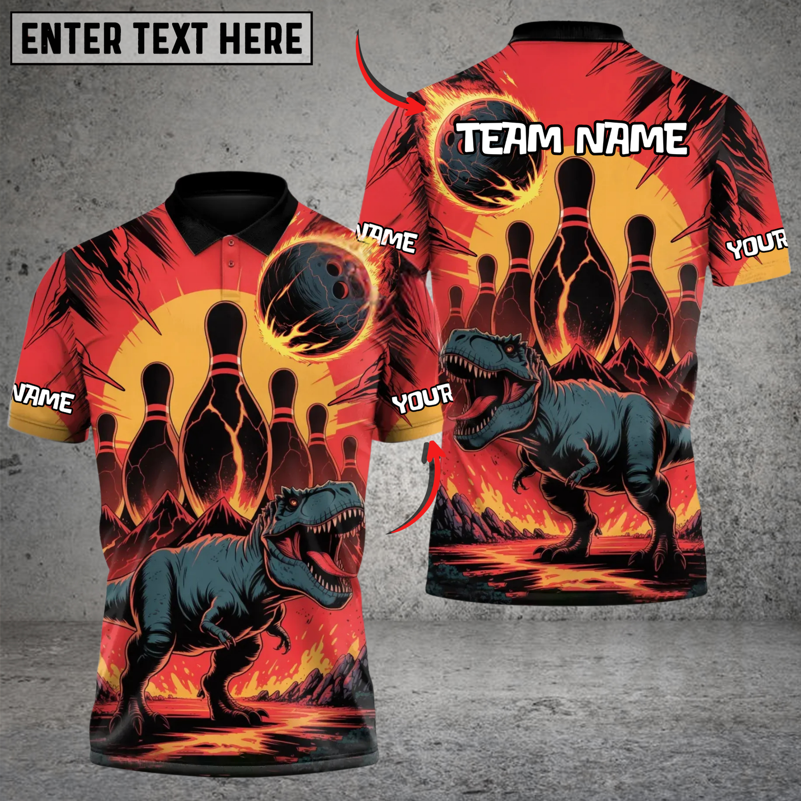 Blisscorners T-Rex Bowling Polo – Lava Volcano Custom Team Shirt5