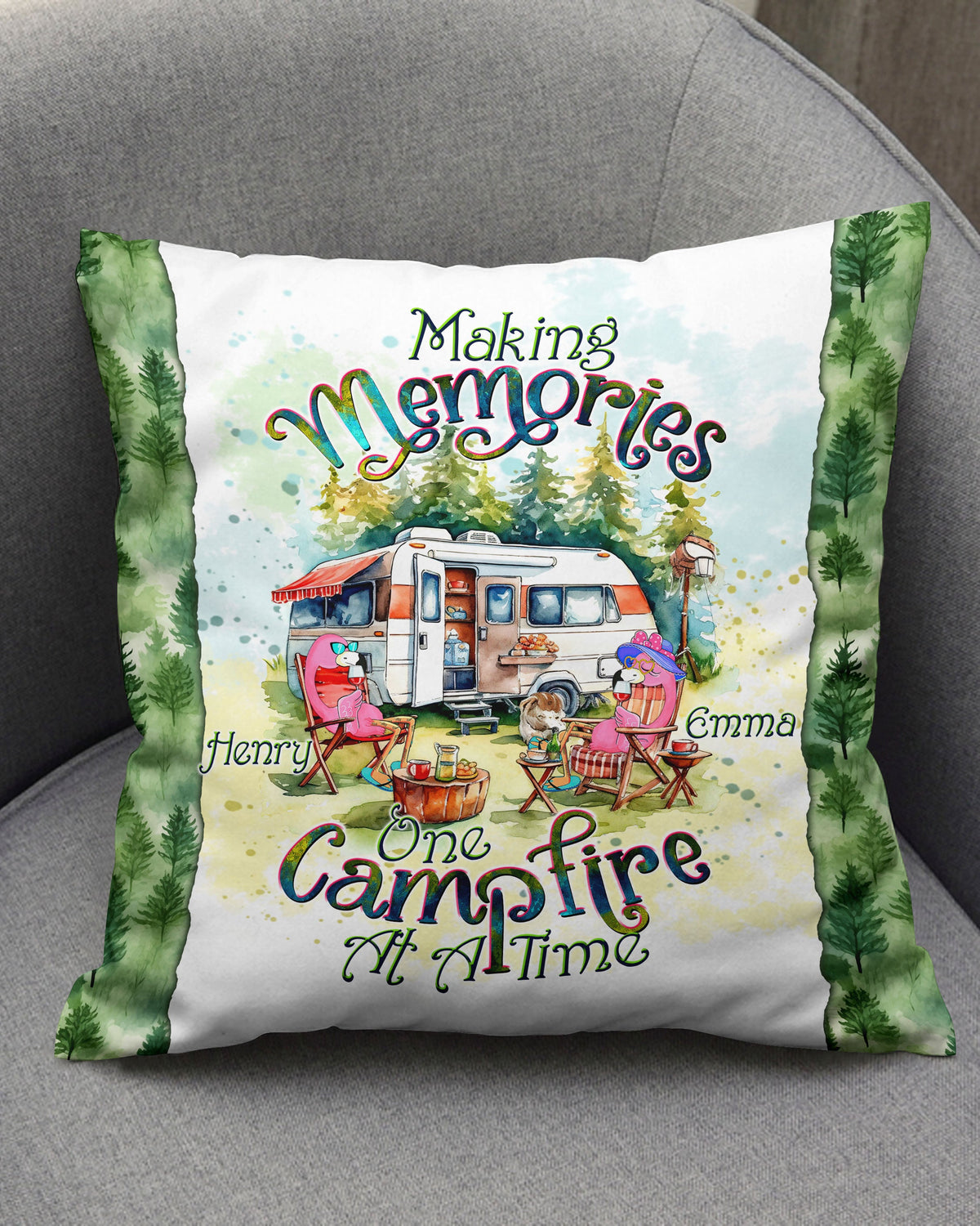 BLISSCORNERS PERSONALIZED MAKING MEMORIES ONE CAMPFIRE AT A TIME FLAMINGO PILLOW