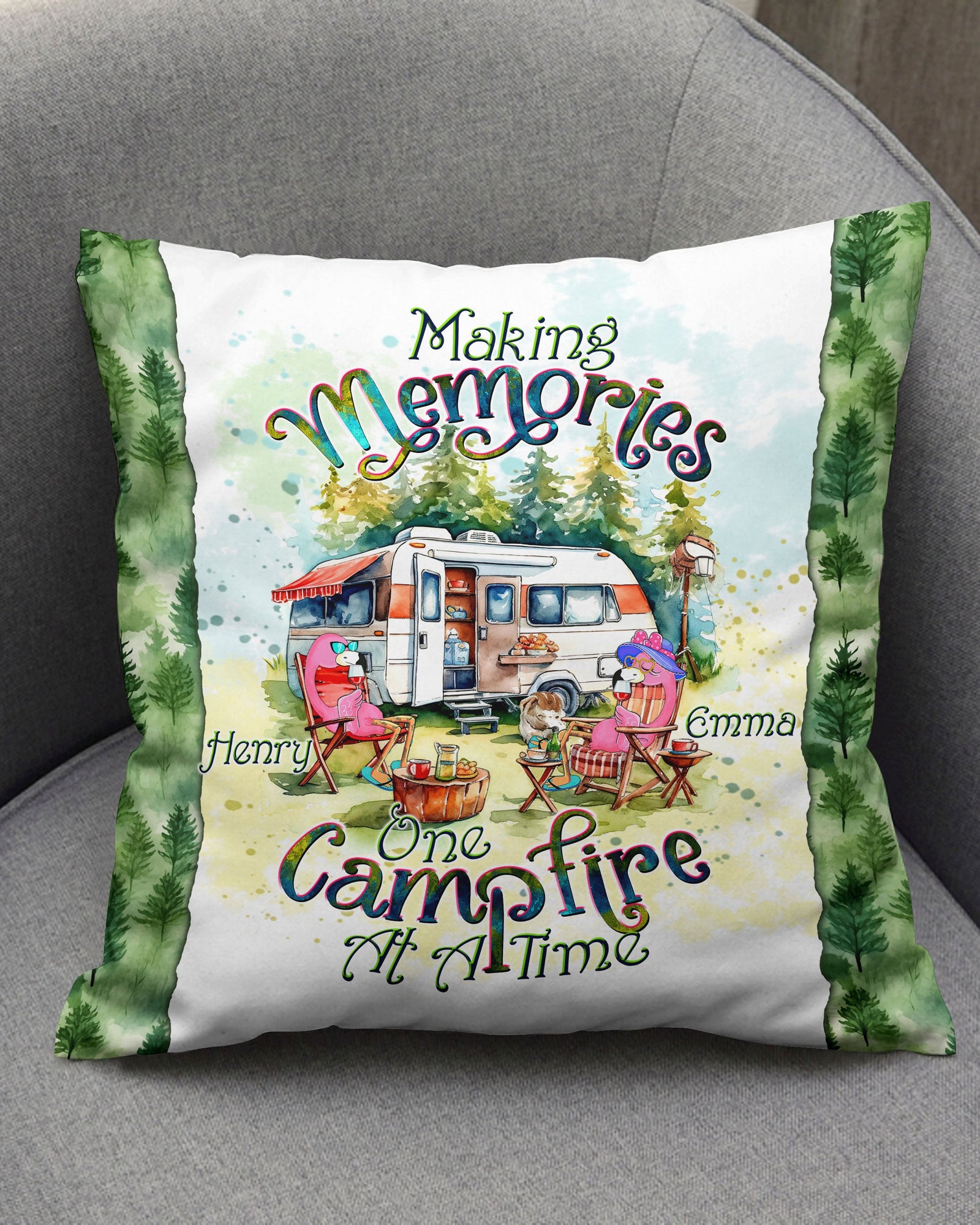 BLISSCORNERS PERSONALIZED MAKING MEMORIES ONE CAMPFIRE AT A TIME FLAMINGO PILLOW