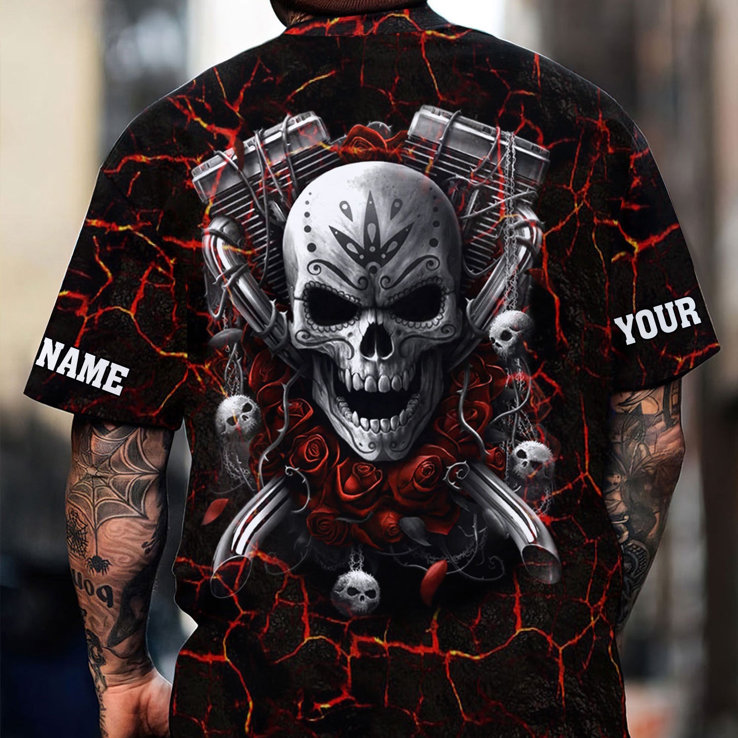 Blisscorners Custom Name Mechanic Shirt Machine Skull Flame Style T Shirt All Over Print