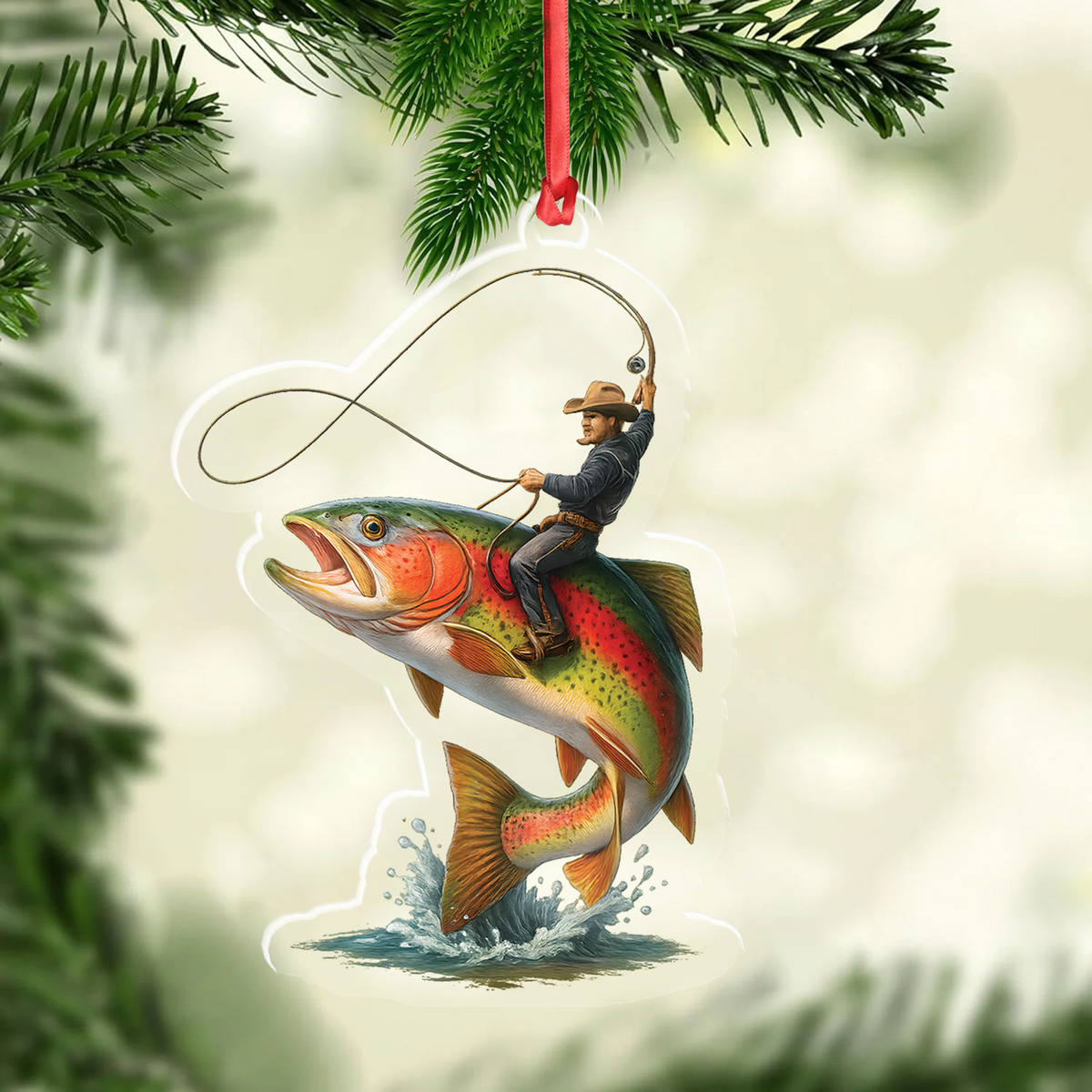 Blisscorners Personalized Funny Fishing Acrylic Ornament - Cowboy Riding Fish Christmas Decoration for Fishermen LM0411