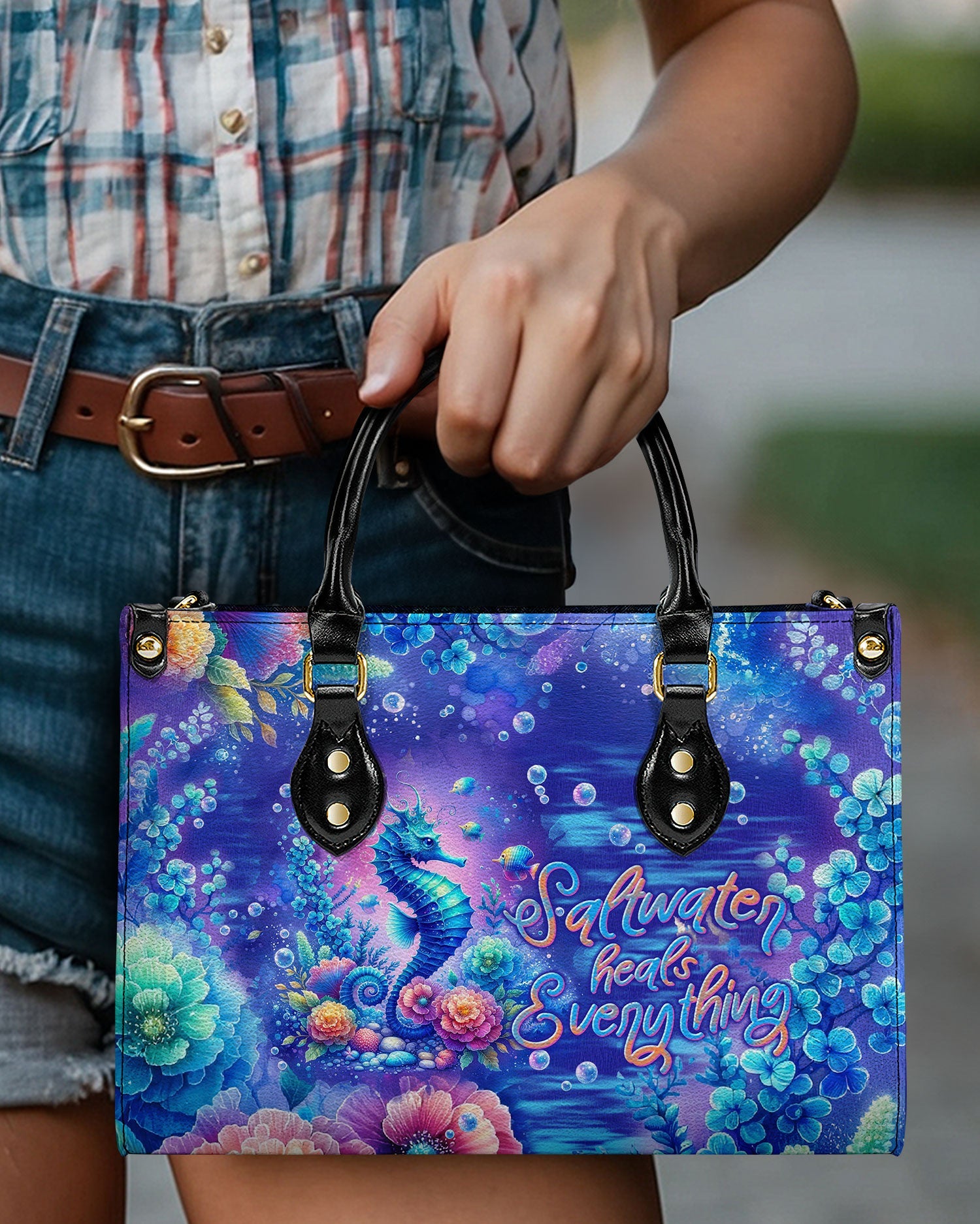 BLISSCORNERS SALTWATER HEALS EVERYTHING SEAHORSE LEATHER HANDBAG