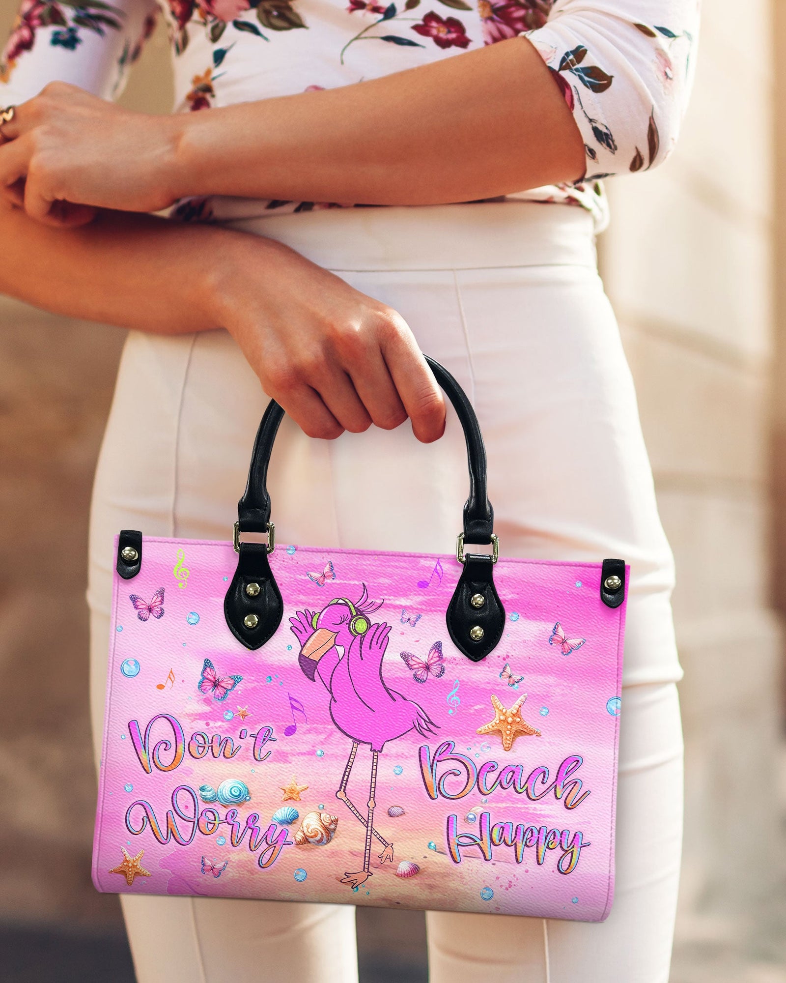 BLISSCORNERS DON'T WORRY BEACH HAPPY FLAMINGO LEATHER HANDBAG