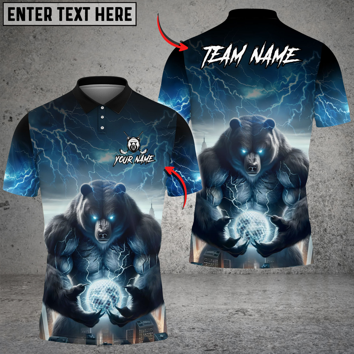 Blisscorners Thunder Bear Golf Polo Funny Golf Polo Shirt, Customized Name &amp; Team Name 3D Shirts (4 Colors)