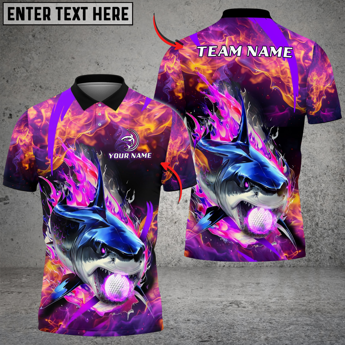 Blisscorners Flaming Shark Swing Golf Polo Shirt, Custom Name &amp; Team Name Golf 3D Shirts